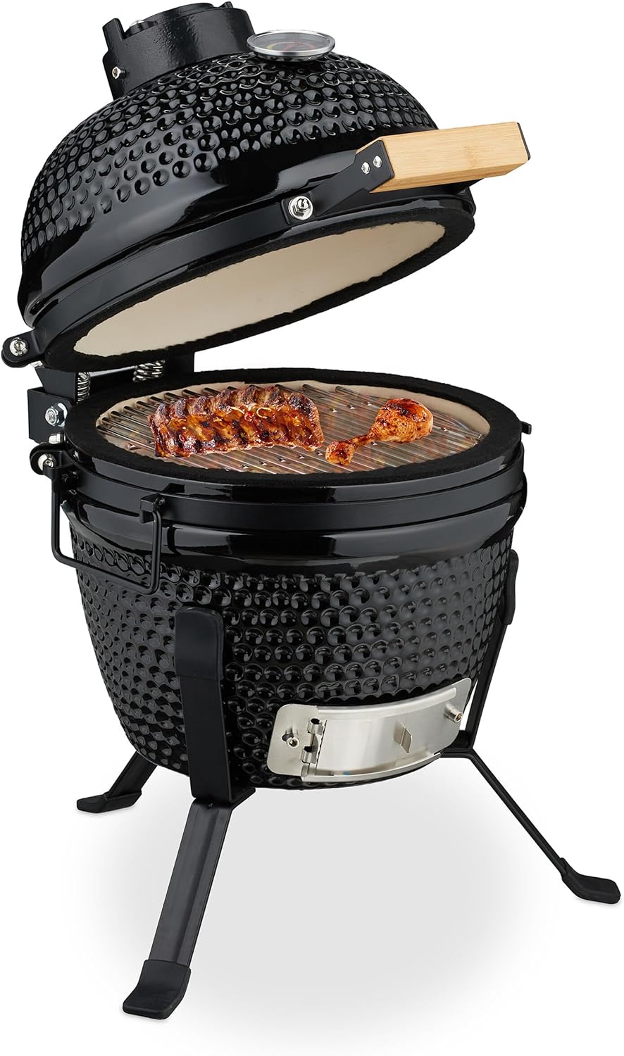 Relaxdays Barbecue a Carbonella Stile Kamado, Griglia Ø 26 cm in Ceramica, BBQ Carbone da Esterno Termometro 450°C, Nero