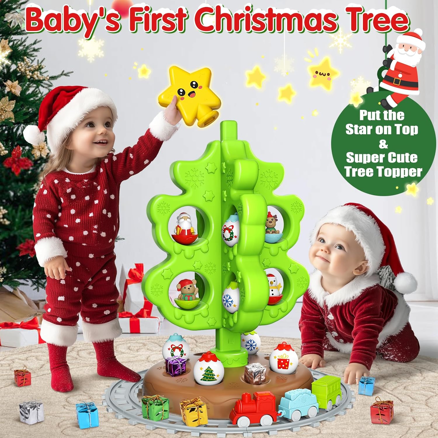 HONG KAI My First Christmas Tree Set for Kids with Train & Ornaments, Safe Toddler Holiday Decoration, Ages 2 4