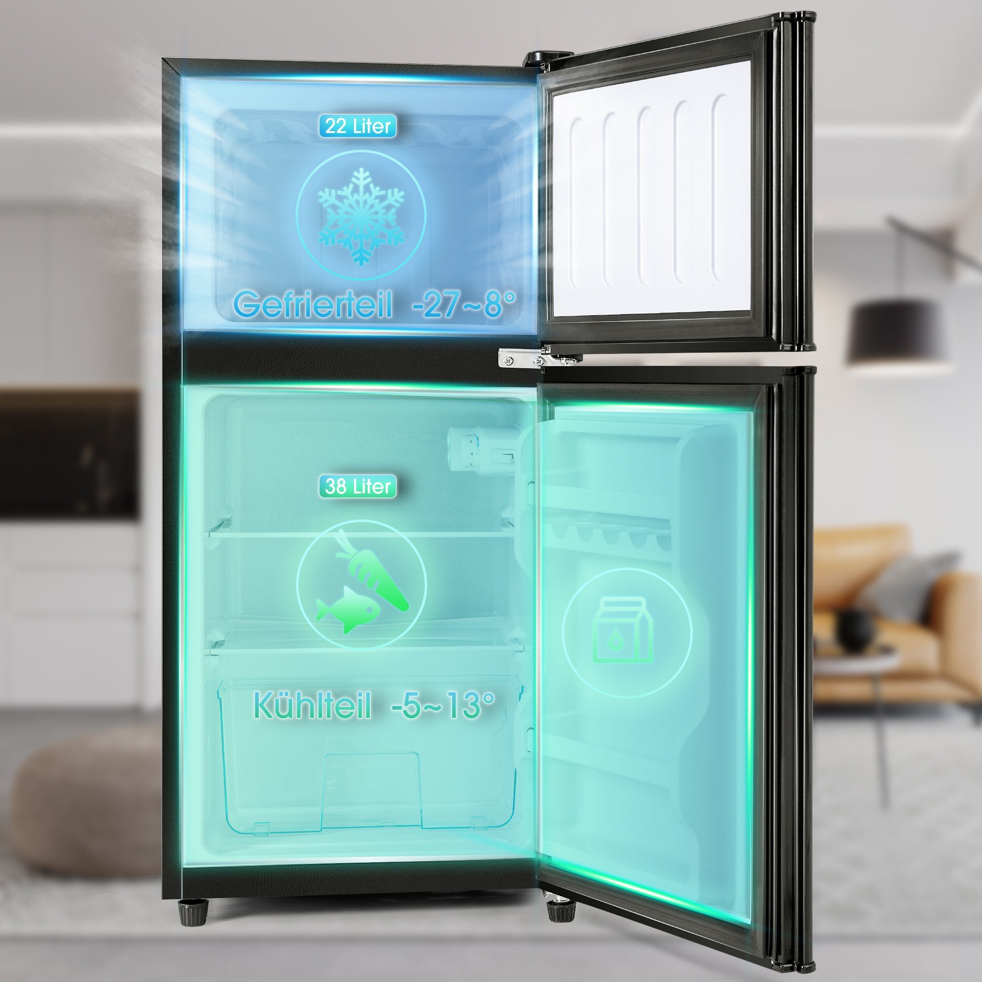 Table Top Kühlschrank mit Gefrierfach, LED-Beleuchtung, Kühl- und Gefrierfunktion BCD-86A
