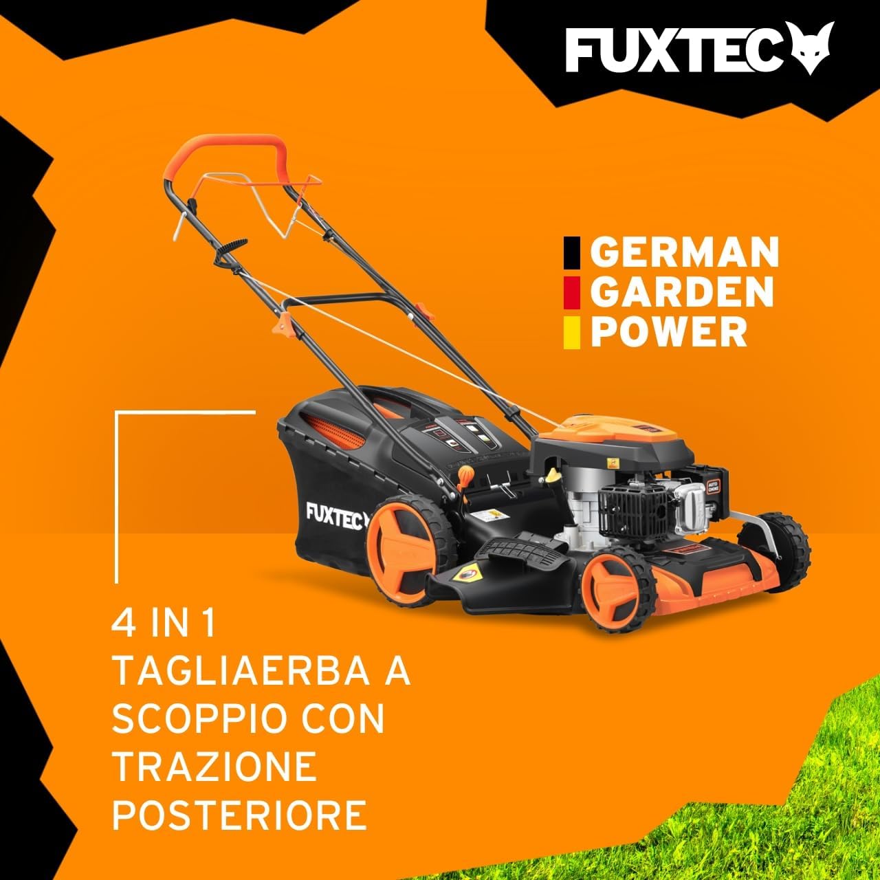 Tagliaerba a scoppio semovente FUXTEC RM5196 larghezza di taglio 51 cm, tosaerba a benzina con trazione motore a scoppio 196cc Easy Clean 4in1 6CV/4,4KW mulching / sacco raccoglierba 50L