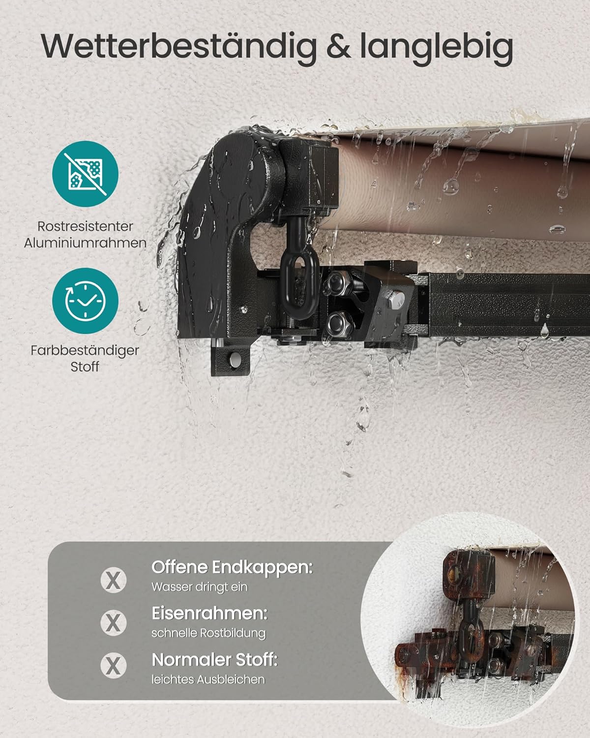SONGMICS Gelenkarmmarkise, Markise mit Handkurbel, Balkon Sonnenschutz, UPF 50+, Aluminiumlegierung, verstellbar, 300 x 250 cm, gelbbraun GSA306KZ01