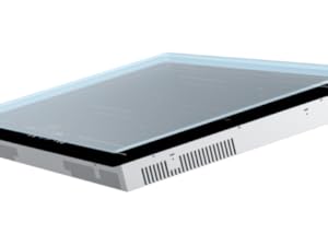 Piastra di raffreddamento o superficie riscaldante rettangolare piatta con bordo nero e fessure di ventilazione lungo il bordo inferiore.