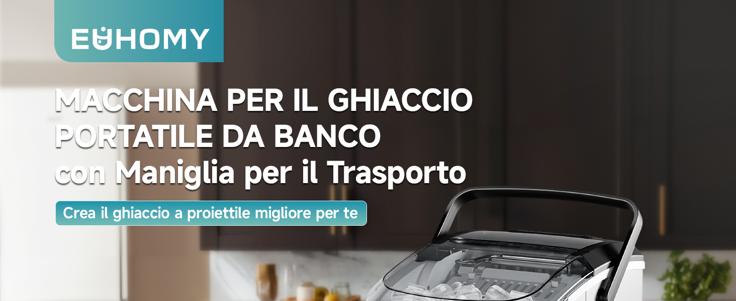 Fabbricatore di ghiaccio portatile con maniglia per il trasporto. Il coperchio trasparente mostra lo scomparto per il ghiaccio. Corpo in acciaio inossidabile con pannello di controllo. Il testo in italiano indica che è destinato a controuso.