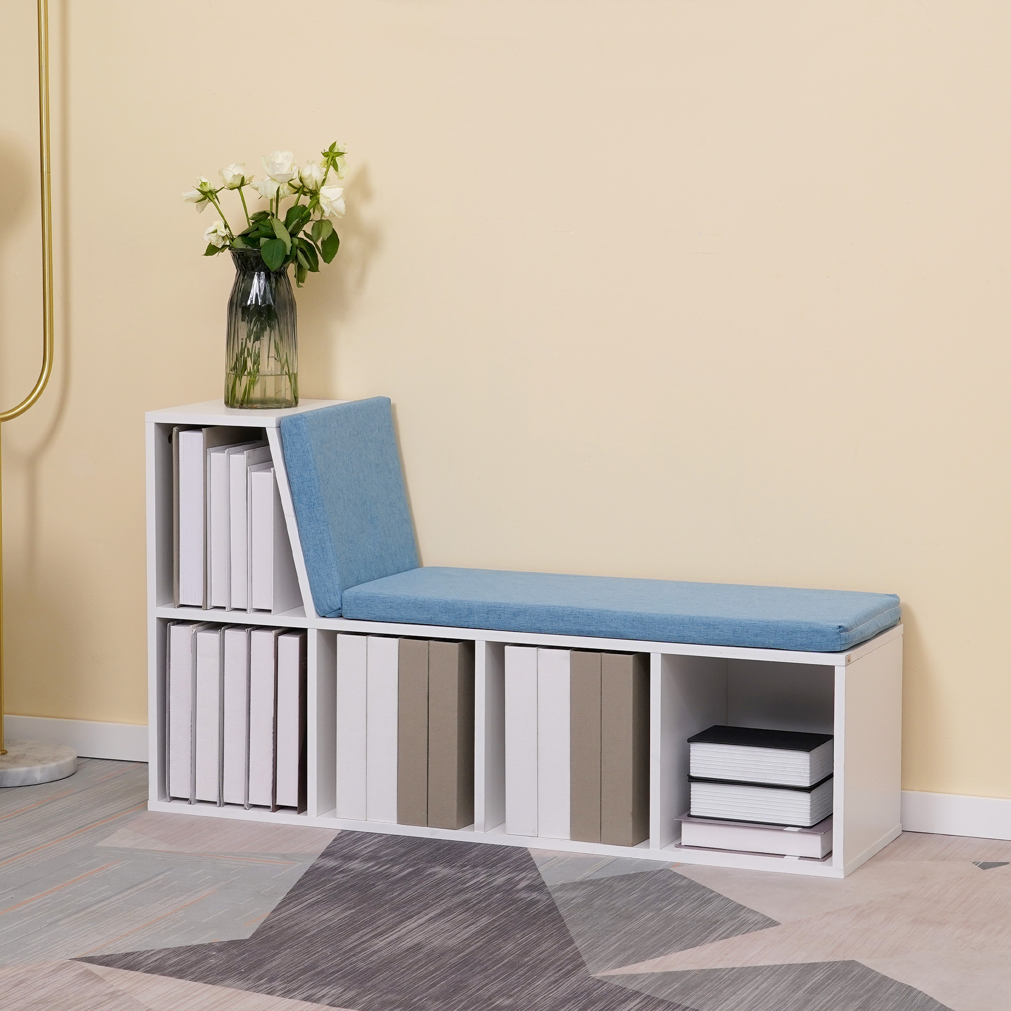 HOMCOM Bibliotheksbank 2 in 1 mit 5 Aufbewahrungsfächern und 2 Polstern 108 x 30 x 60 cm Weiß Blau