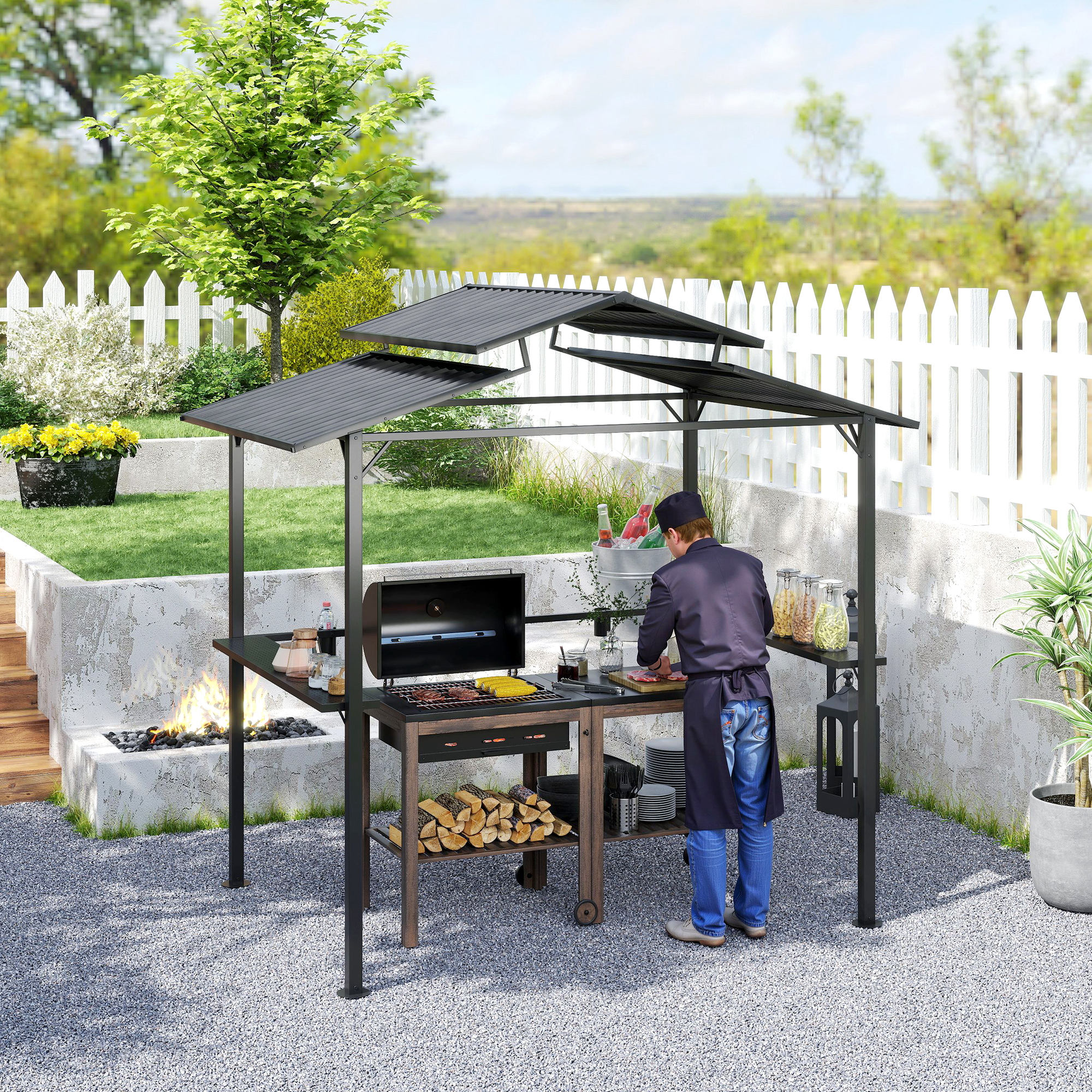 Grillpaviljoen 250 x 160 x 250 cm Waterdicht Tuinpaviljoen met Dubbellaagdak en Zijplanken, Zwart