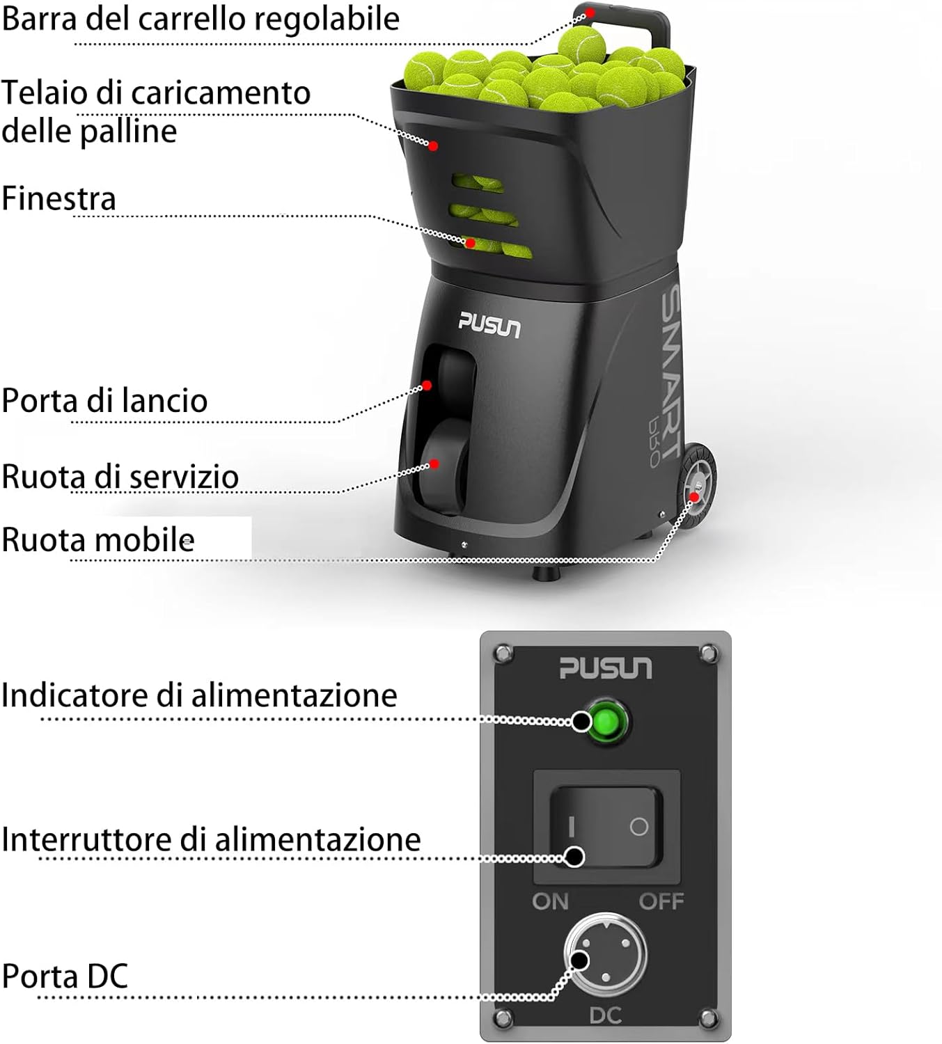 PT-Smart Pro Tennis- und Ballmaschine mit Fernbedienung, automatischer Anlasser, 12-75 km/h, Trainingsgerät mit Schleuder, Trainingsmaschine, über 100 Bälle (schwarz)