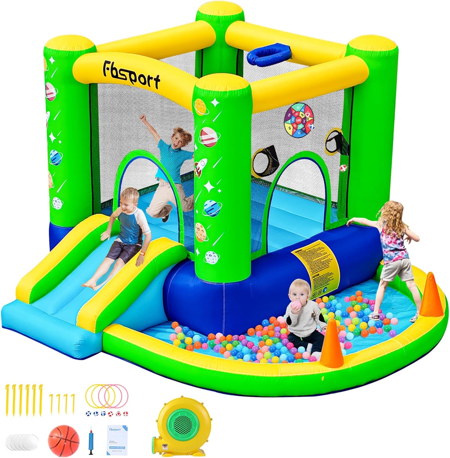 FBSPORT Castello Gonfiabile per Bambini con Ventilatore Piscina Gonfiabile con Scivolo Trampolino Piscina, Piscina di Palline oceaniche Parco Acquatico per Bambini 285 x 254 x 165 cm
