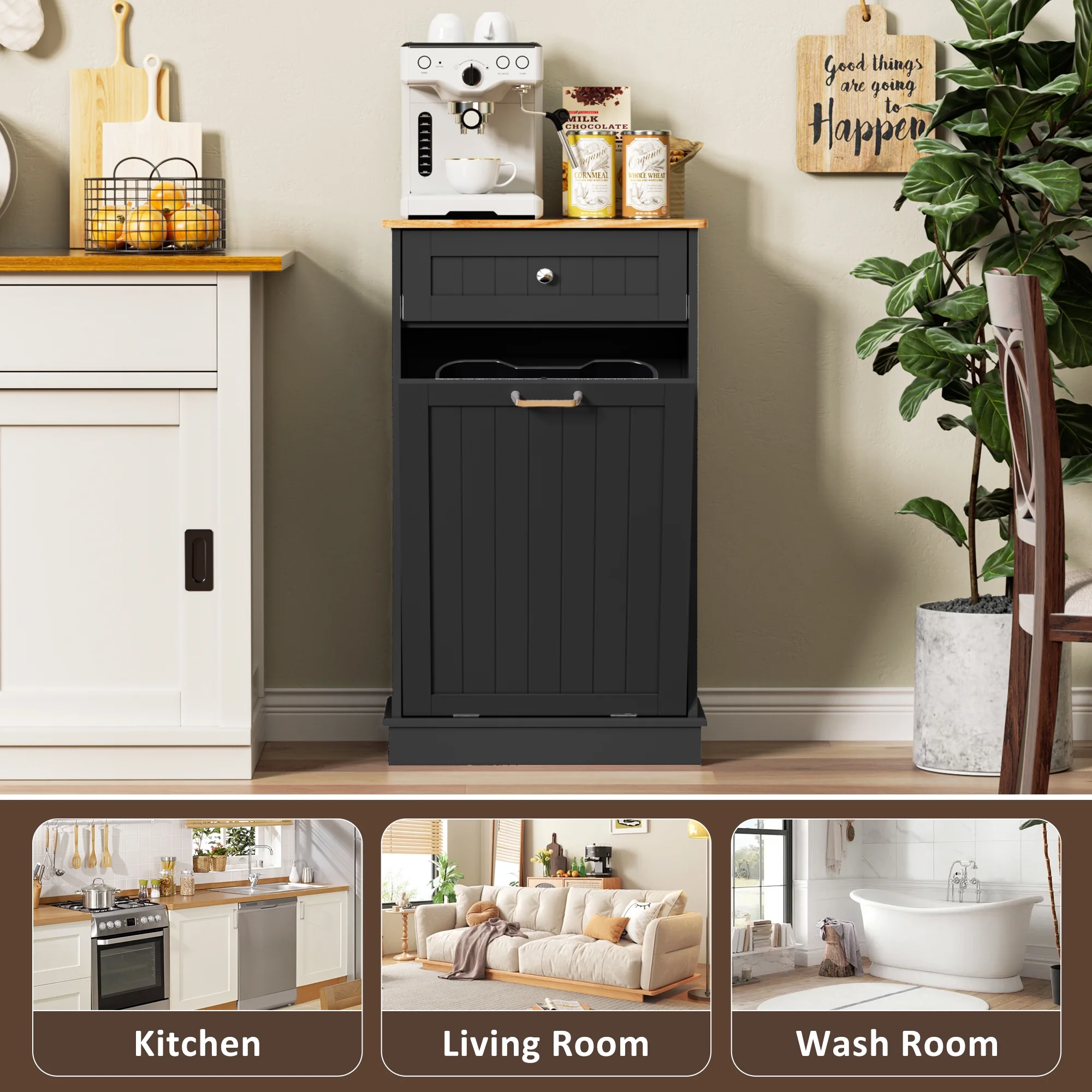 HARIPUL Single Tilt Out Trash Cabinet for 13 Gallon Waste Bin, Free Standing Kitchen Trash Can Cabinet with Drawers, White