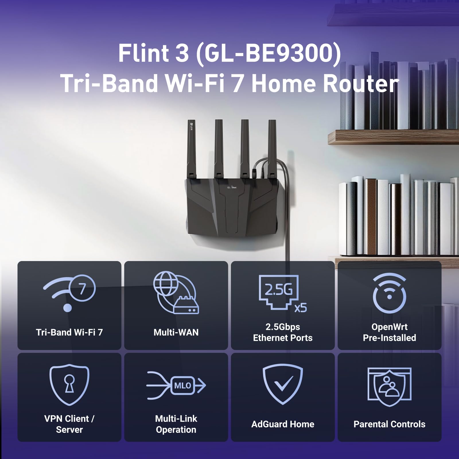 Tri-Band-WLAN-Router Flint 3 GL-BE9300 Wi-Fi 7 bis 9 Gbit/s 5x 2,5-Gbit-LAN VPN WireGuard OpenVPN MLO 1 GB DDR4 8 GB eMMC