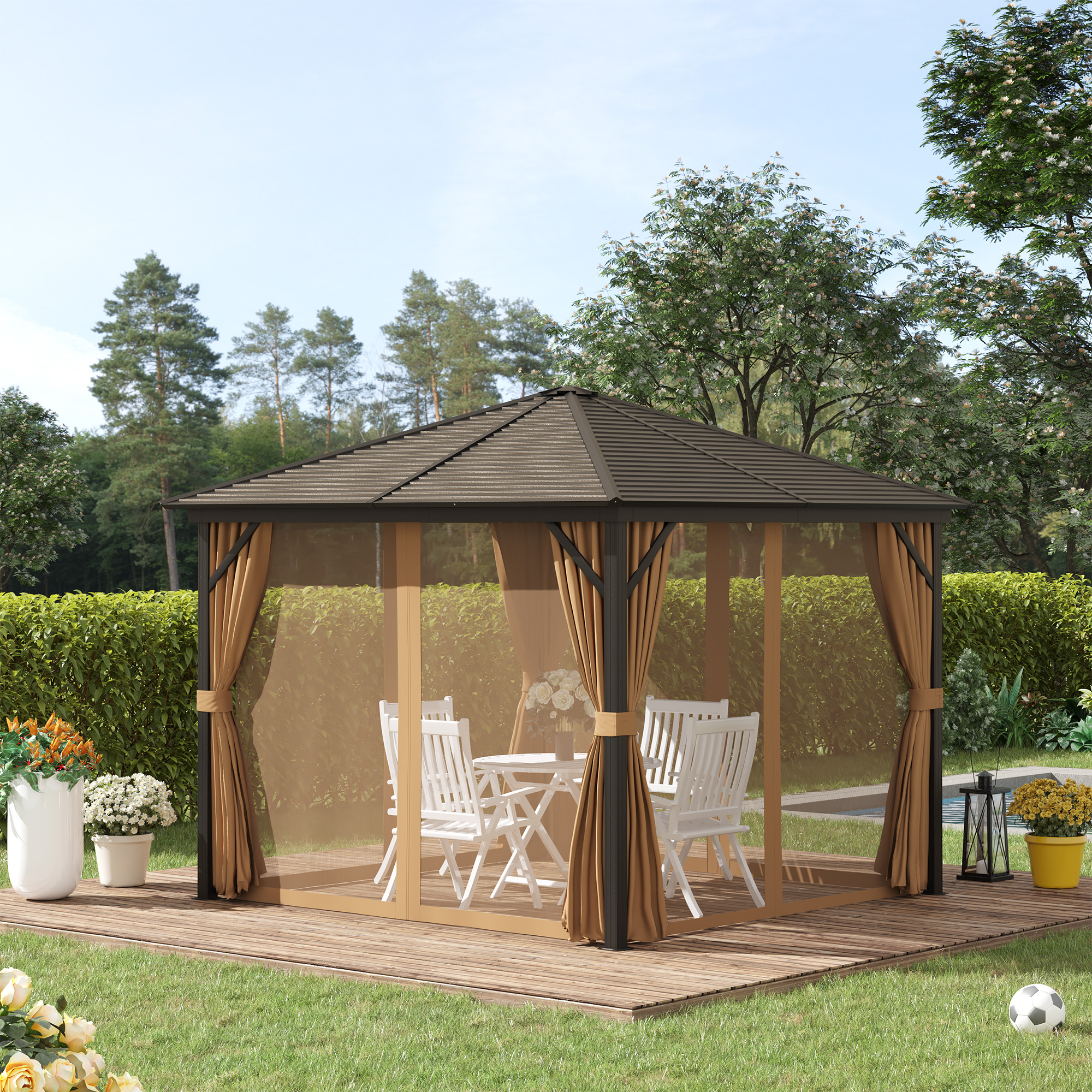 Outsunny Gartenpavillon mit Metalldach, 3 x 3 x 2,6m, 4 Vorhänge, wetterfest, Aluminium, braun