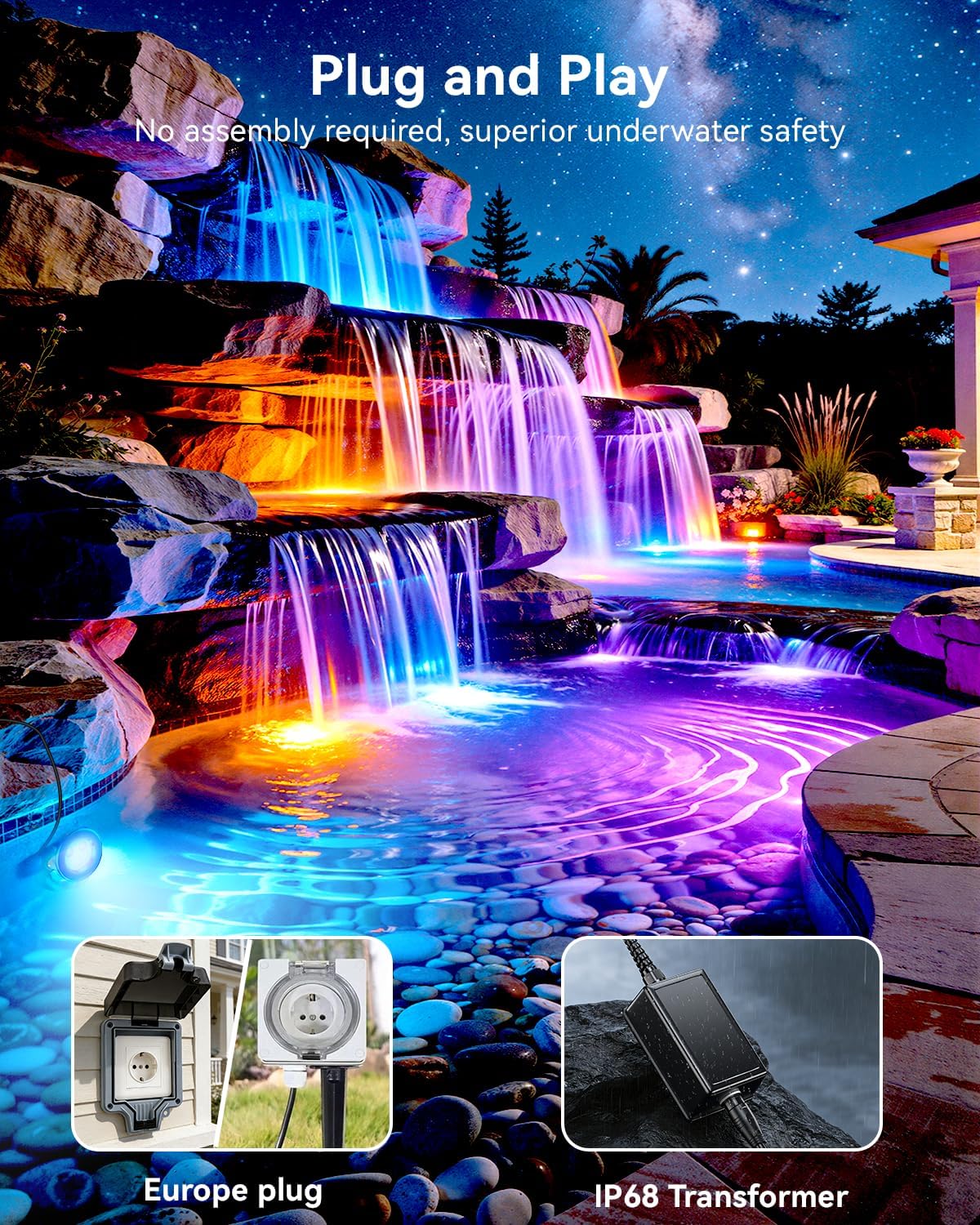 All-in-One Teichbeleuchtung LED Edelstahl SS316, RGB Erweiterbare Teichlampen Unterwasser mit 12M Kabel, Teichlicht IP68 für Teich, Wasserfall, Bach, Fischteich, Wasserspiel, 4er-Pack