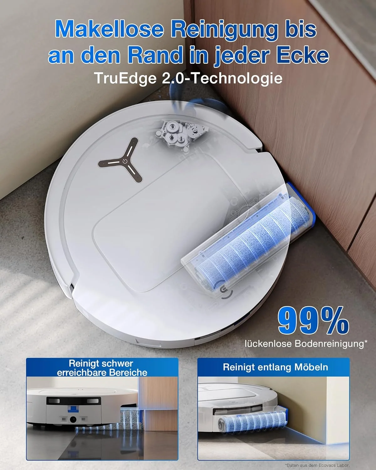 ECOVACS DEEBOT T80 OMNI Saugroboter mit Wischfunktion, 18.000 Pa, OZMO ROLLER Wischwalze mit kontinuierlicher Frischwasser-Selbstreinigung, ZeroTangle 3.0, Moppwäsche mit 40-75℃ heißem Wasser, Weiß
