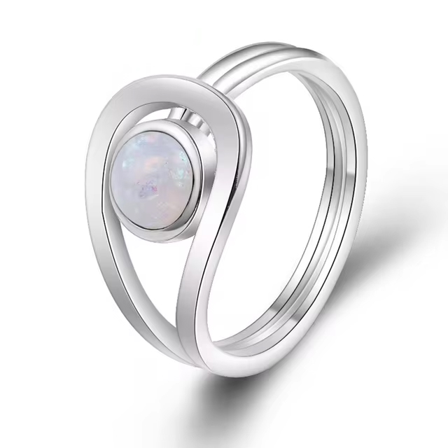 925 Sterling Silver White Opal Paved Ring
