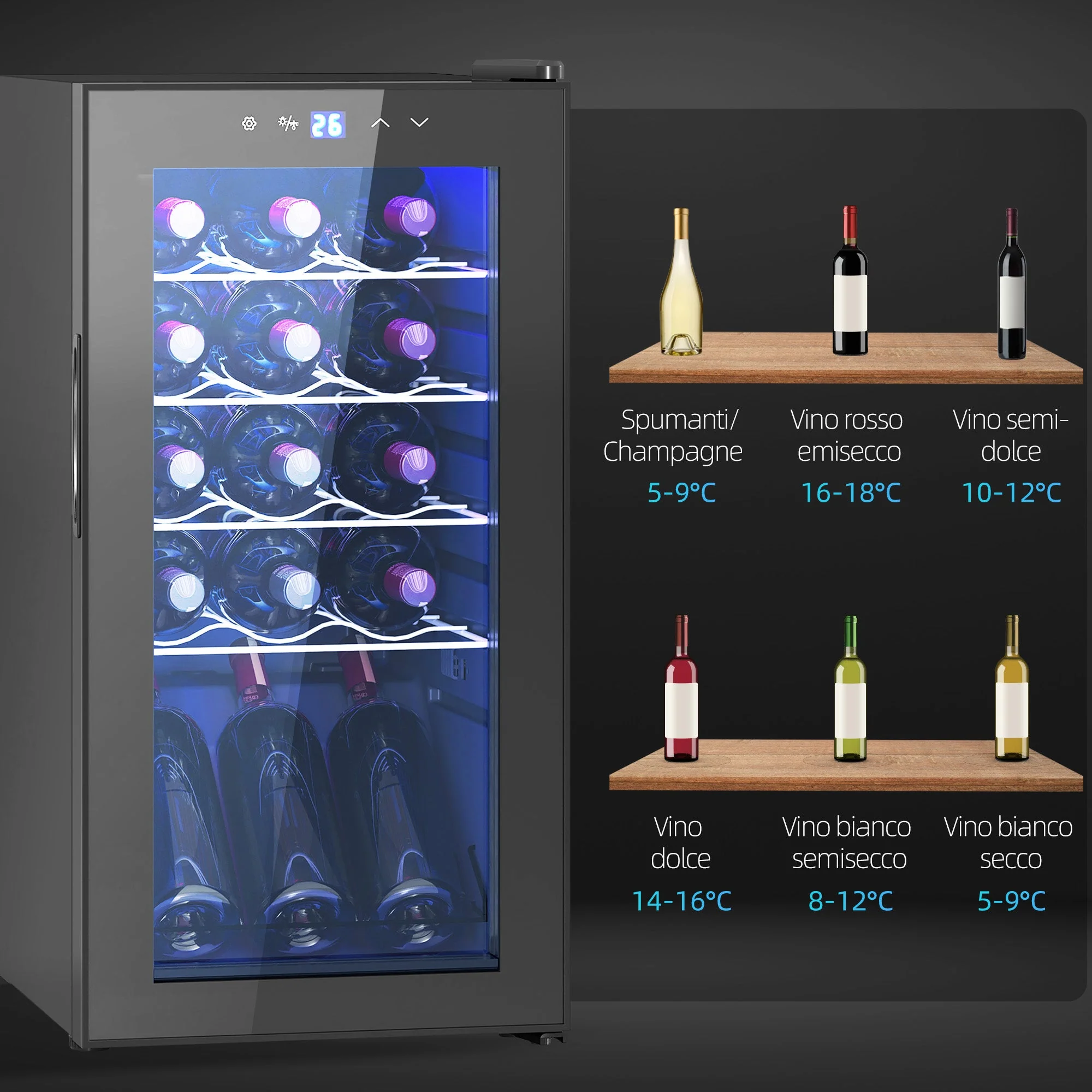 Cantinetta Vino Refrigerata per 15 Bottiglie Capacità 44L con Controllo Temperatura Nero
