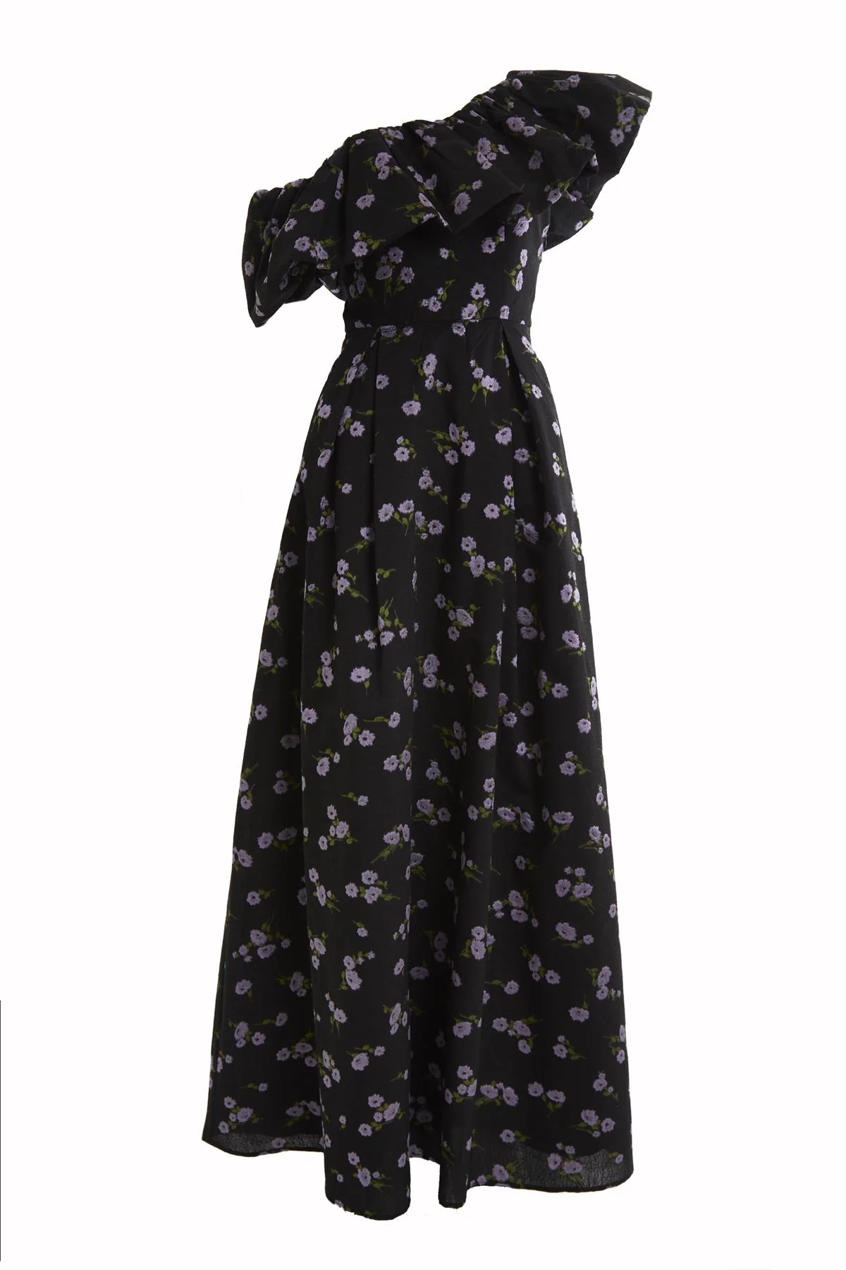 Blake Black-Lilac Brocade Puff One Shoulder Maxi-Dress