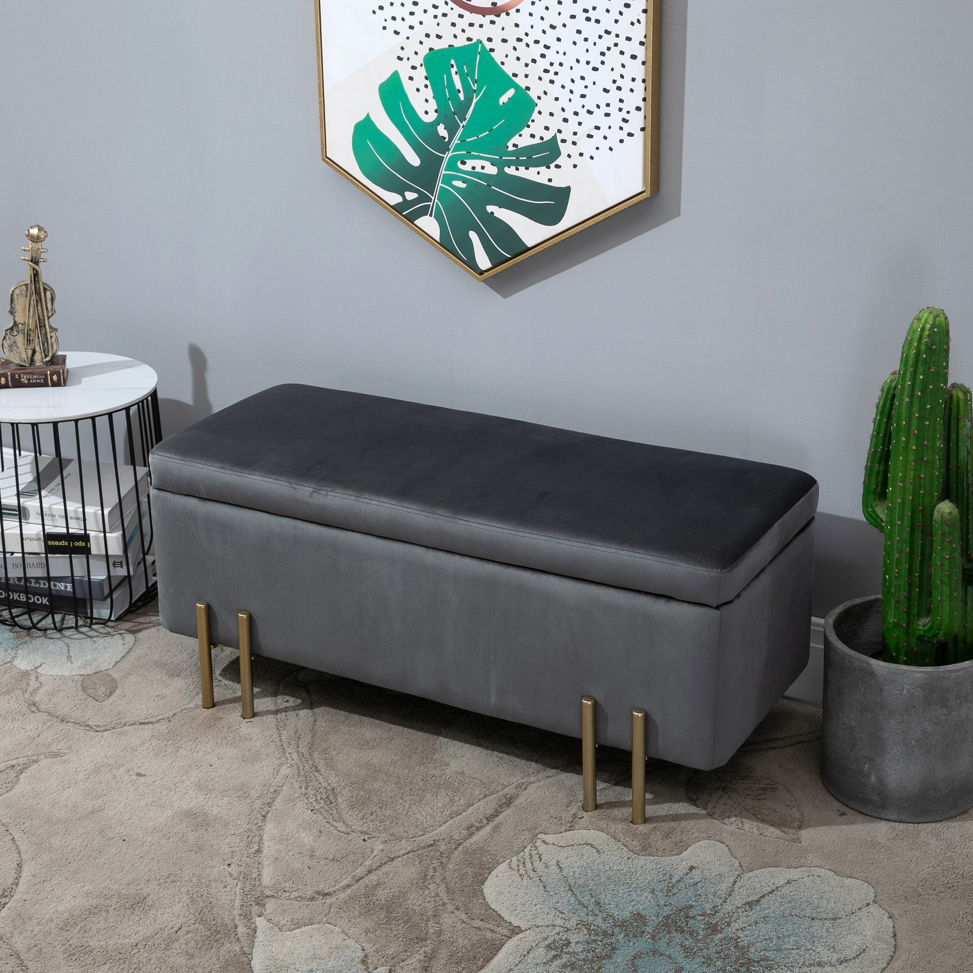 HOMCOM Sitzbank mit Stauraum Polsterbank mit Samtoptik, Sitztruhe mit Metallbeine, Truhenbank für Wohnzimmer Schlafzimmer Flur 100 x 40 x 42 cm, Dunkelgrau