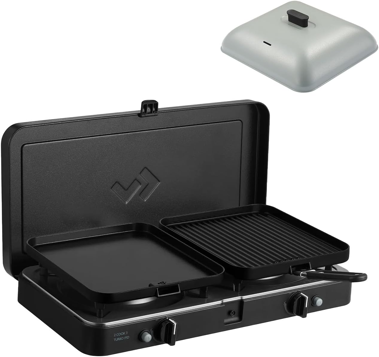 CADAC - 2 Cook 3 Turbo Deluxe und Universelle Grillkuppel - Gas Tischgrill mit 2 Brennern und Aluminium Grilldeckel - Outdoor Campinggrill Set mit Piezo-Zündung und Flammenausfallsicherung - 50mBar
