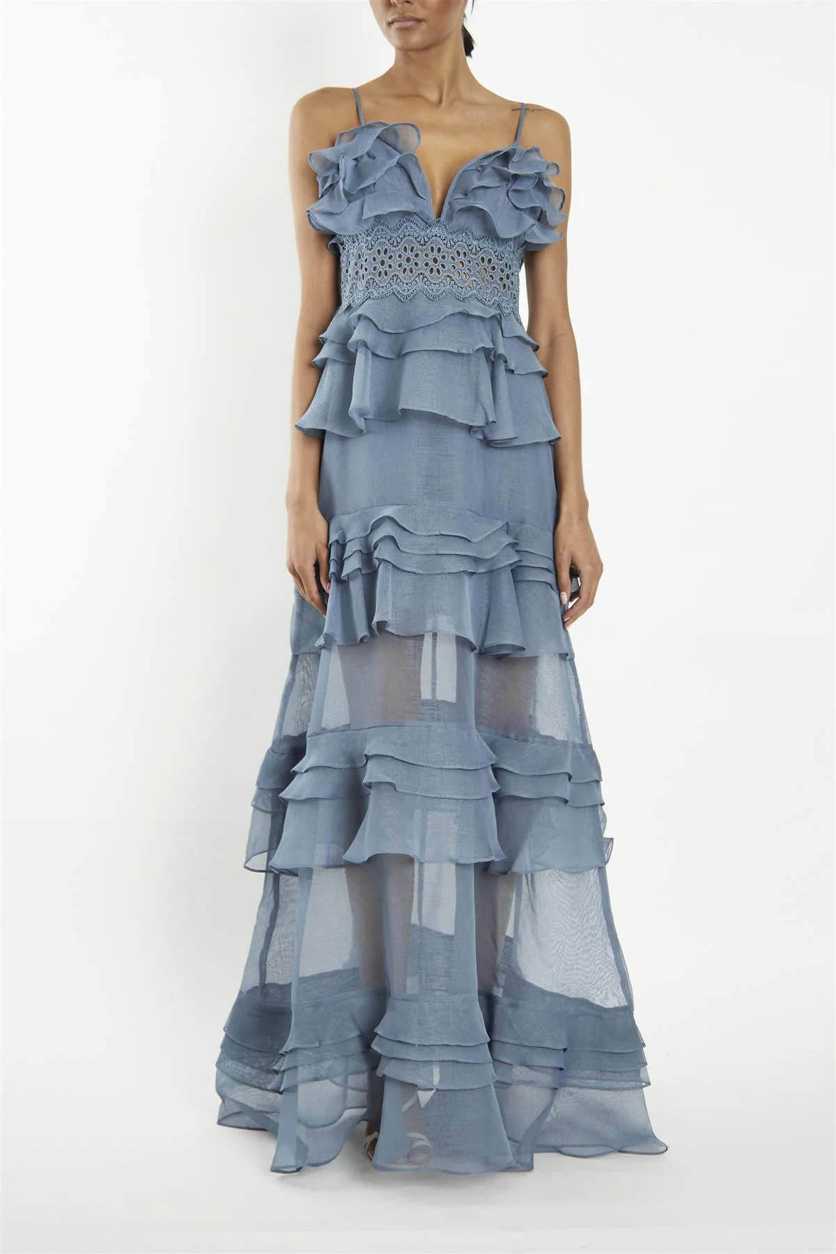 Sophia Mid Steel-Blue Plunge Front Tiered Ruffle Maxi-Dress