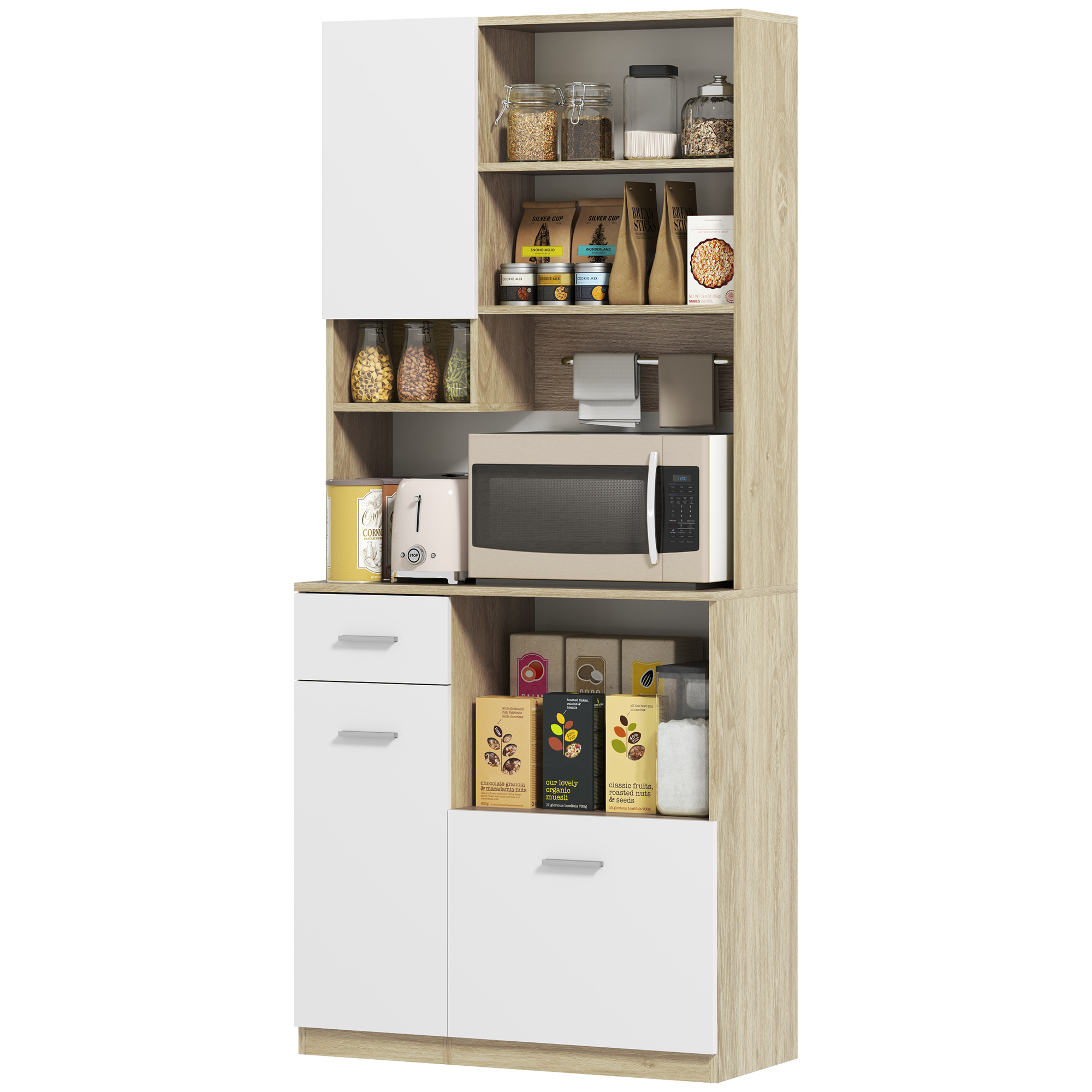 HOMCOM Hochschrank für die Küche, moderner Aufbewahrungsschrank mit verstellbaren Regalen, Schublade, Weiß und Holzoptik