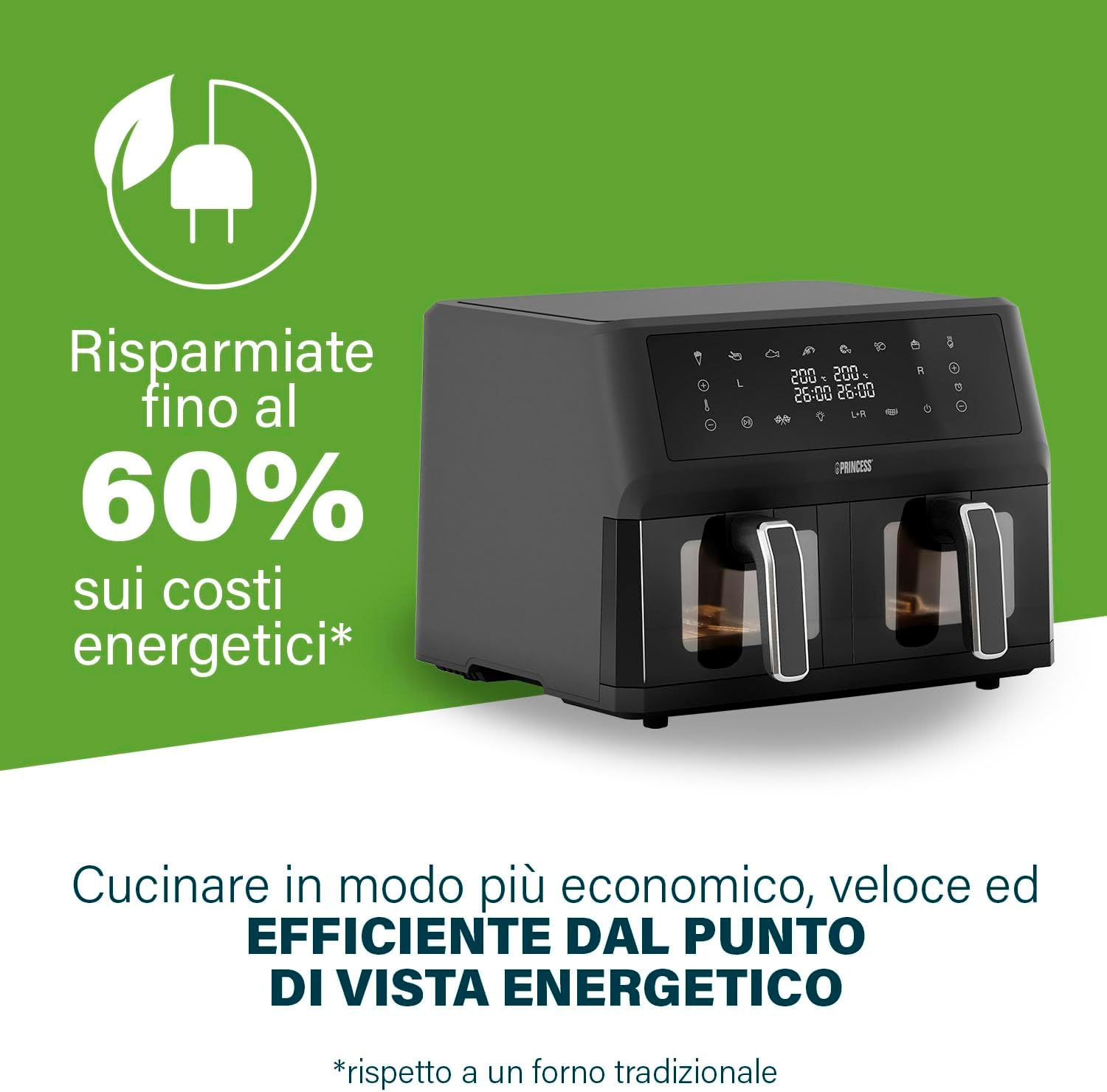 Princess XXL Friggitrice senza olio con doppio cestello - 11 L - Senza BPA e PFAS - Fine cottura sincronizzato - 8 programmi - Finestra di visualizzazione - 2400 W - 2x5,5 L - 182276