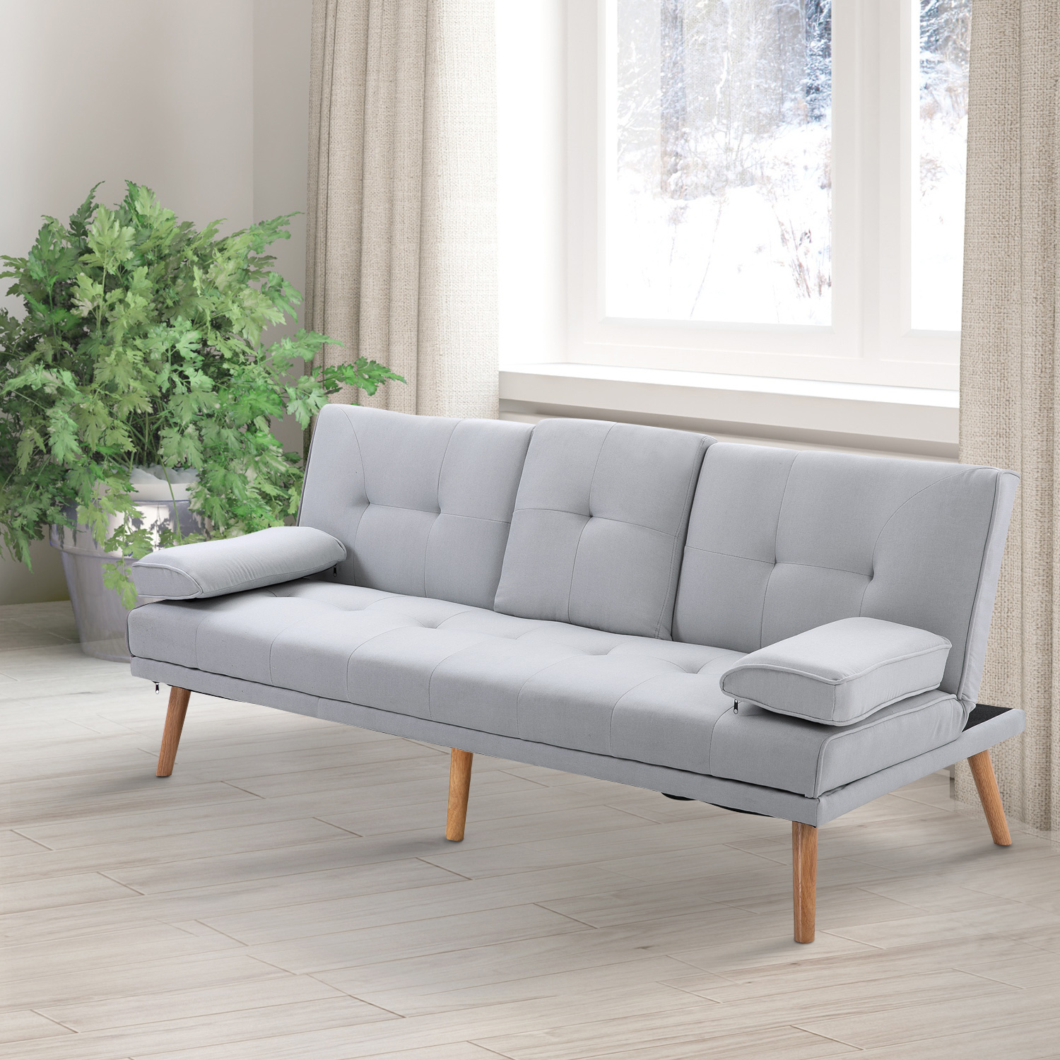 HOMCOM Schlafsofa, 3-Sitzer-Sofa, Bettsofa mit Klappbarem Tisch, Stoffsofa mit Leinenoptik, Schlafcouch mit Becherhalter, im Skandi-Design, bis 250 kg Belastbar, Hellgrau