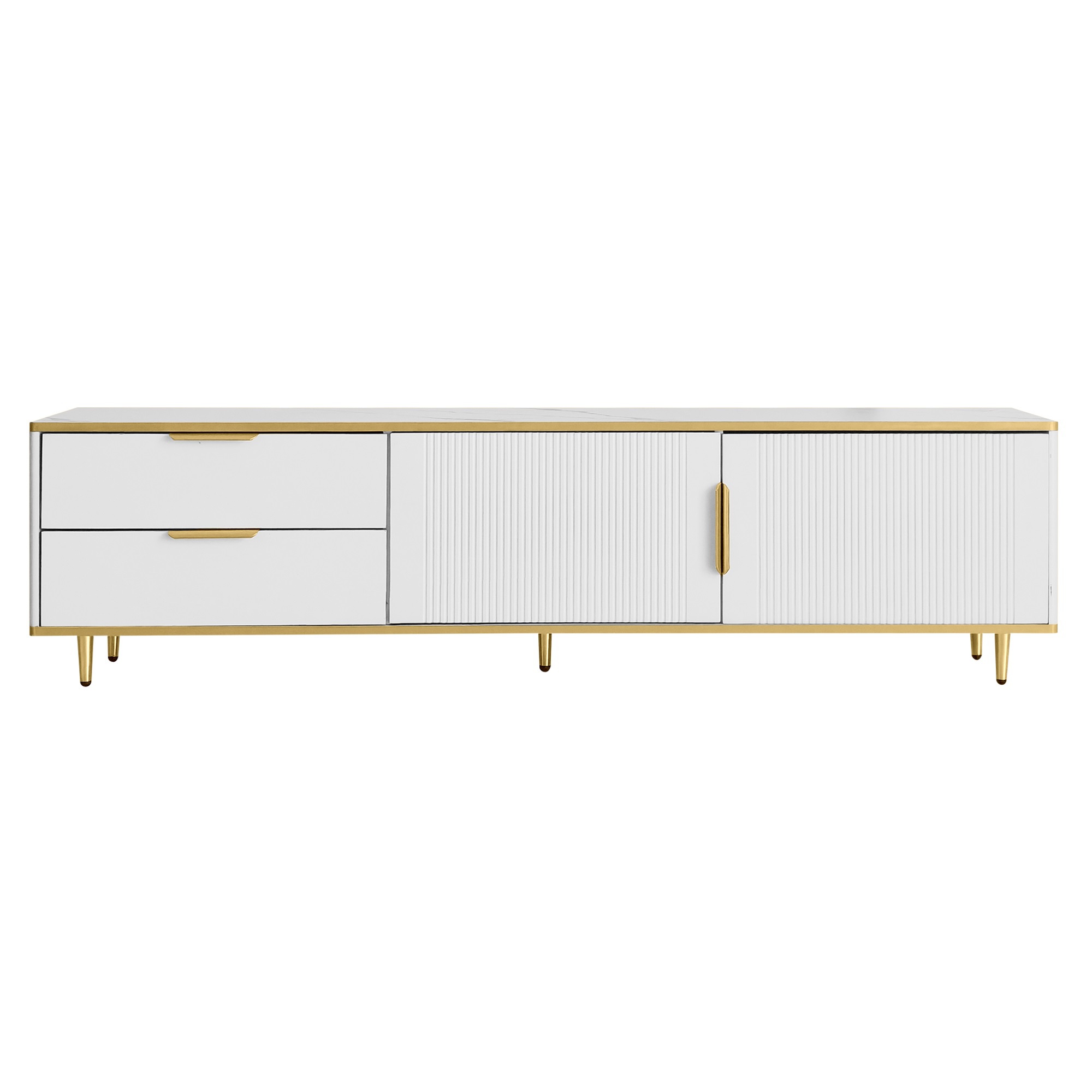 TV-Schrank mit geschnitzter Textur, vergoldeten Griffen und Marmorstruktur für elegantes Wohnzimmer, weiß