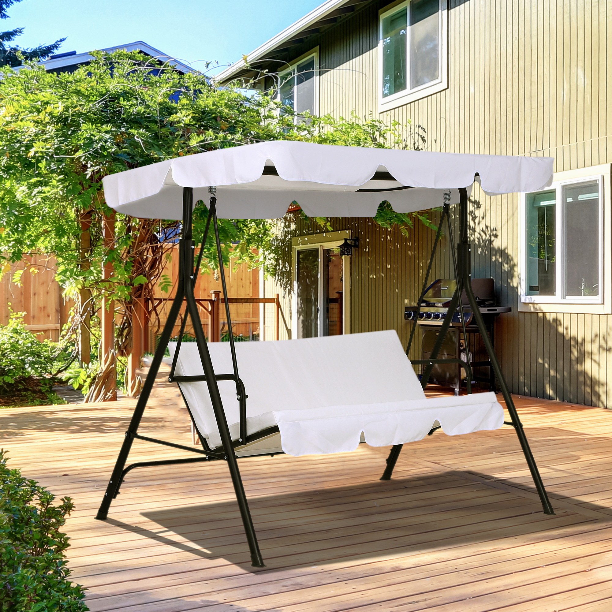 Outsunny Garten Hollywoodschaukel 3 Personen Verstellbares Dachkissen Sitzkissen und Rückenlehne 1,72L x 1,1B x 1,53H m Stahl Schwarz Polyester Weiß