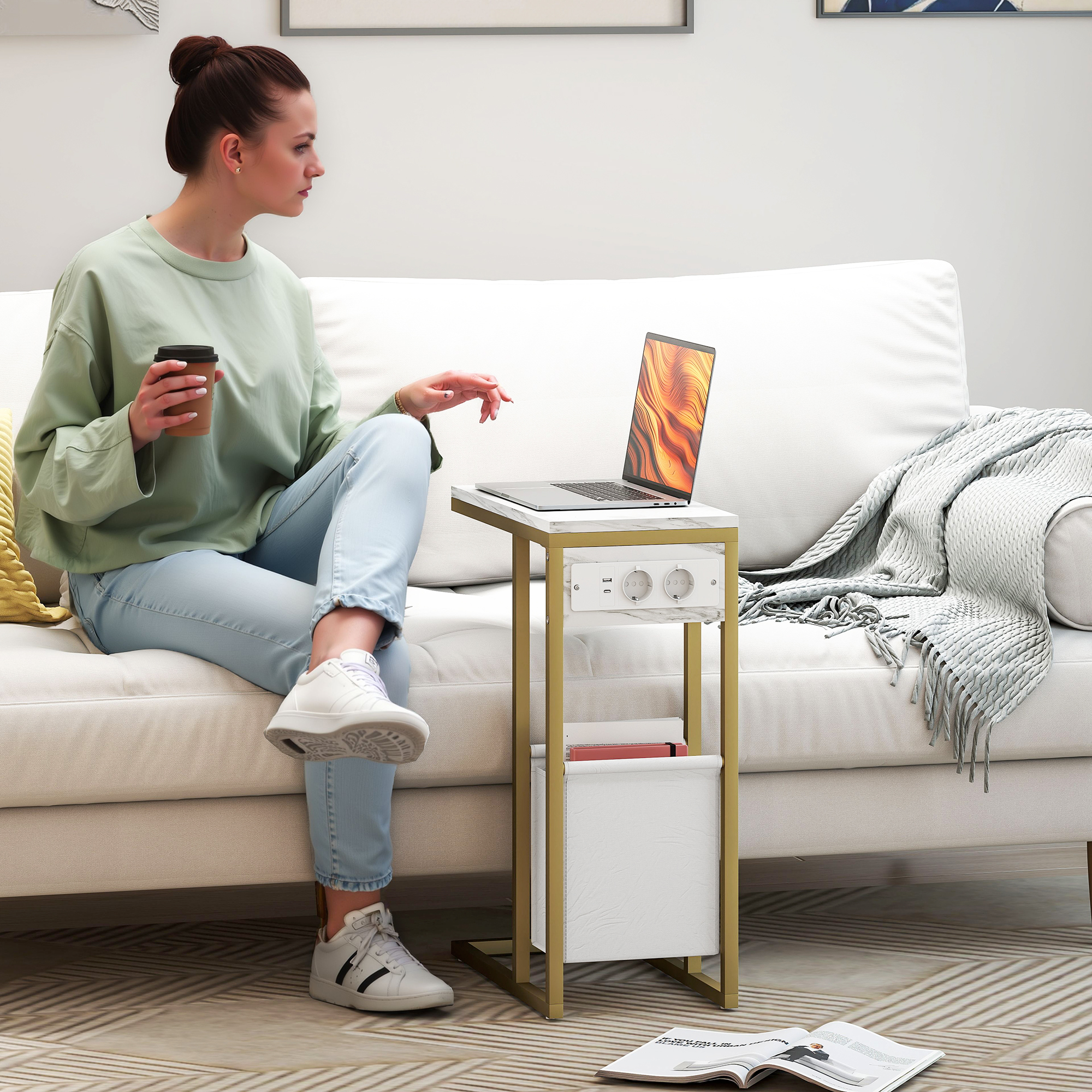 HOMCOM Beistelltisch C-Form mit Ladestation Stoffaufbewahrungssack Marmoroptik-Platte, 46 x 25 x 62,5 cm, weiß