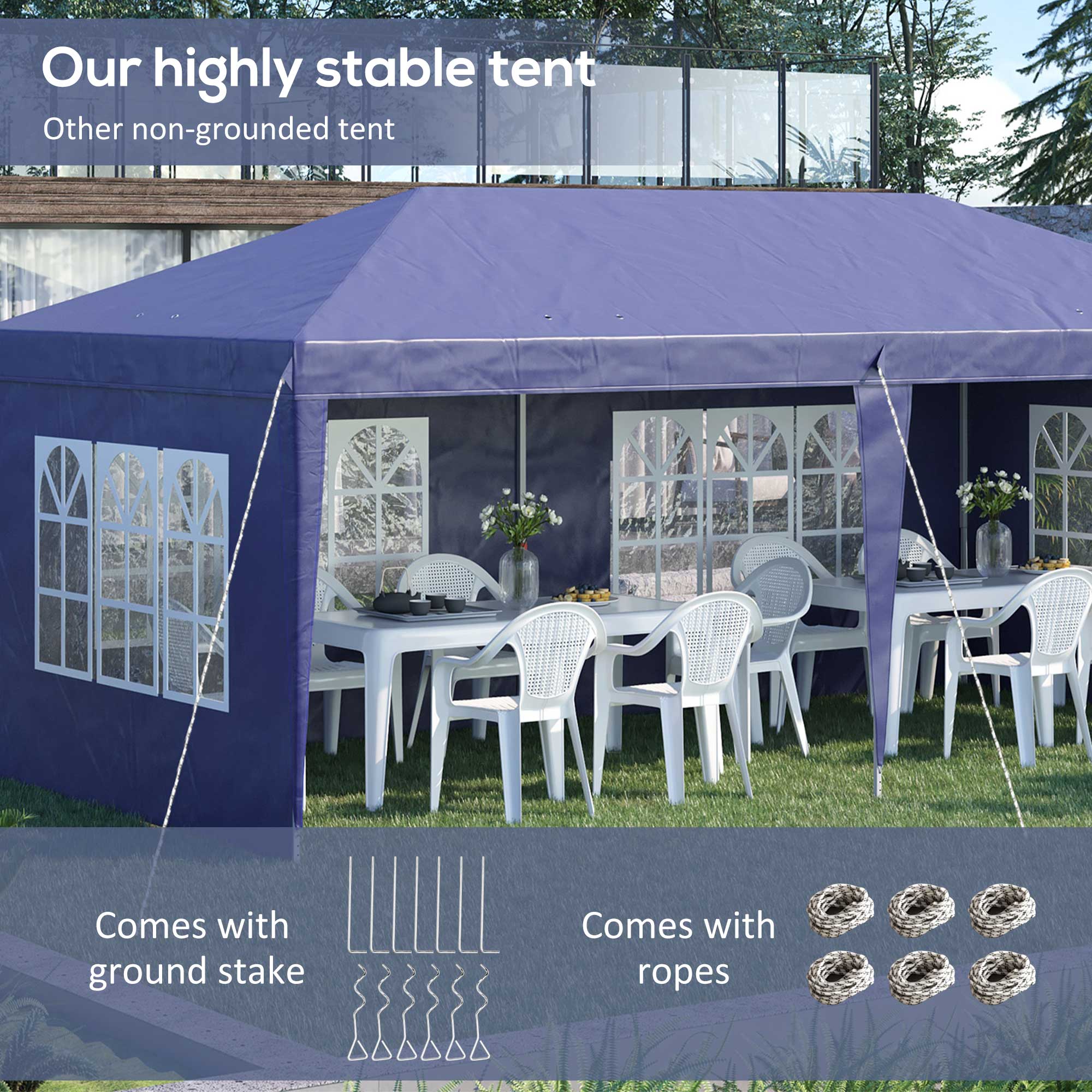 Opklapbare tuinpaviljoen van 6 x 3 m, halfopen, verwijderbare zijwanden, grote ramen, draagtas, stalen frame, blauw