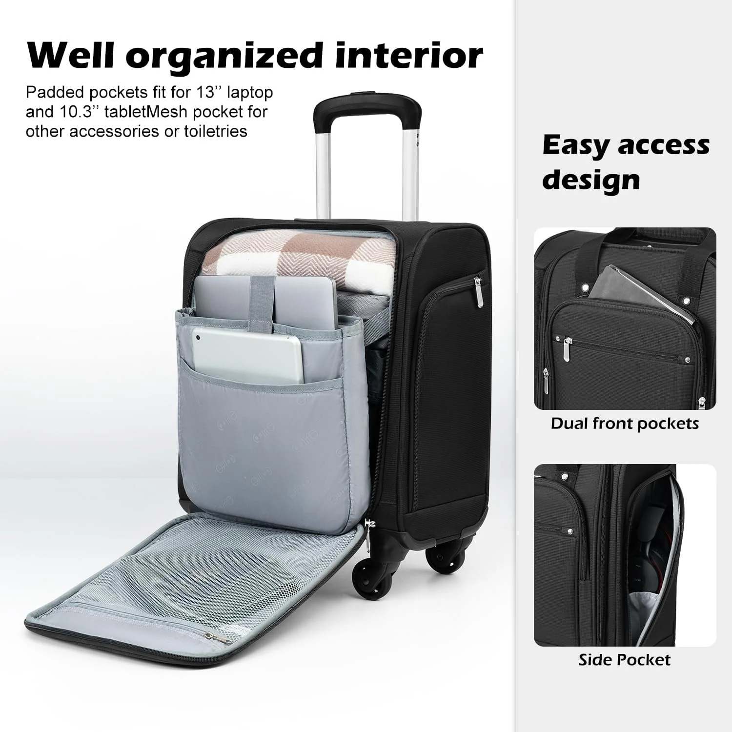 Underseat Carry On Luggage Softside Lightweight Rolling Travel Bag Spinner Suitcase