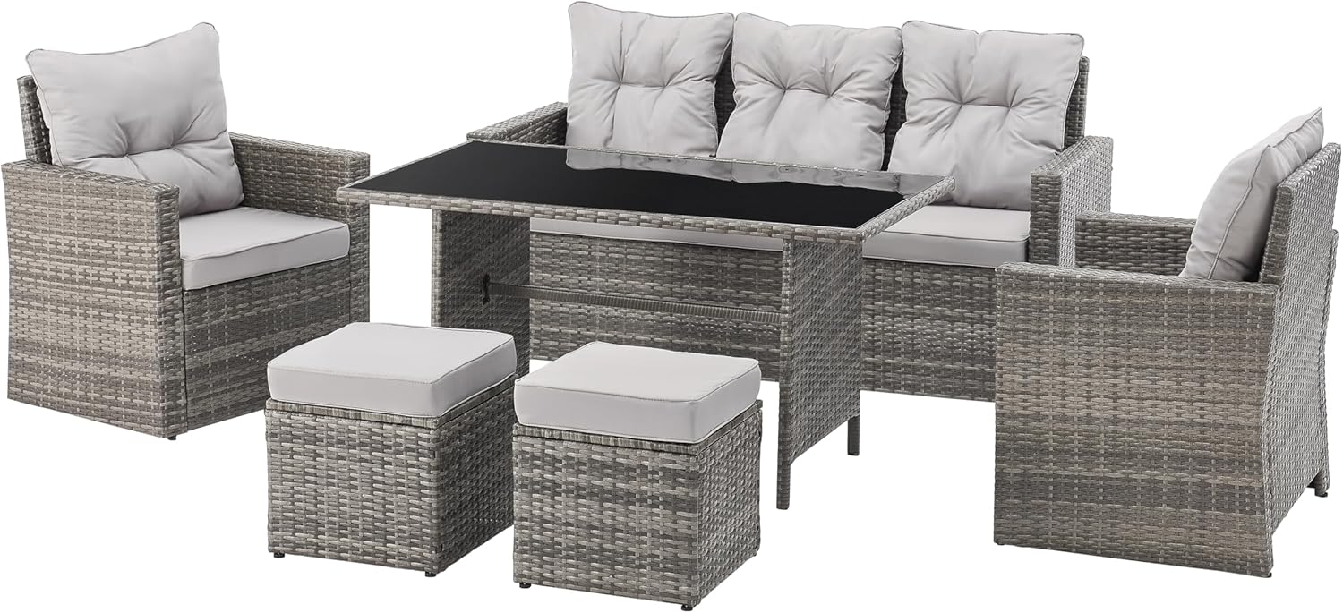 AVANTI TRENDSTORE - Andalusia 6-Piece Garden Set - 2 Single Armchairs, 1 Sofa, 2 Stools and 1 Side Table - Grey Polyrattan and Clear Glass - Cushions Included