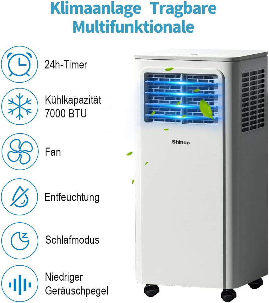 SHINCO Mobile Klimaanlage mit Abluftschlauch, 9000BTU, 2,6 kW, Kühlen&Ventilieren&Entfeuchten, Mobiles Klimagert mit Schlafmodus, Raumgre bis 22㎡, 24-Stunden-Timer