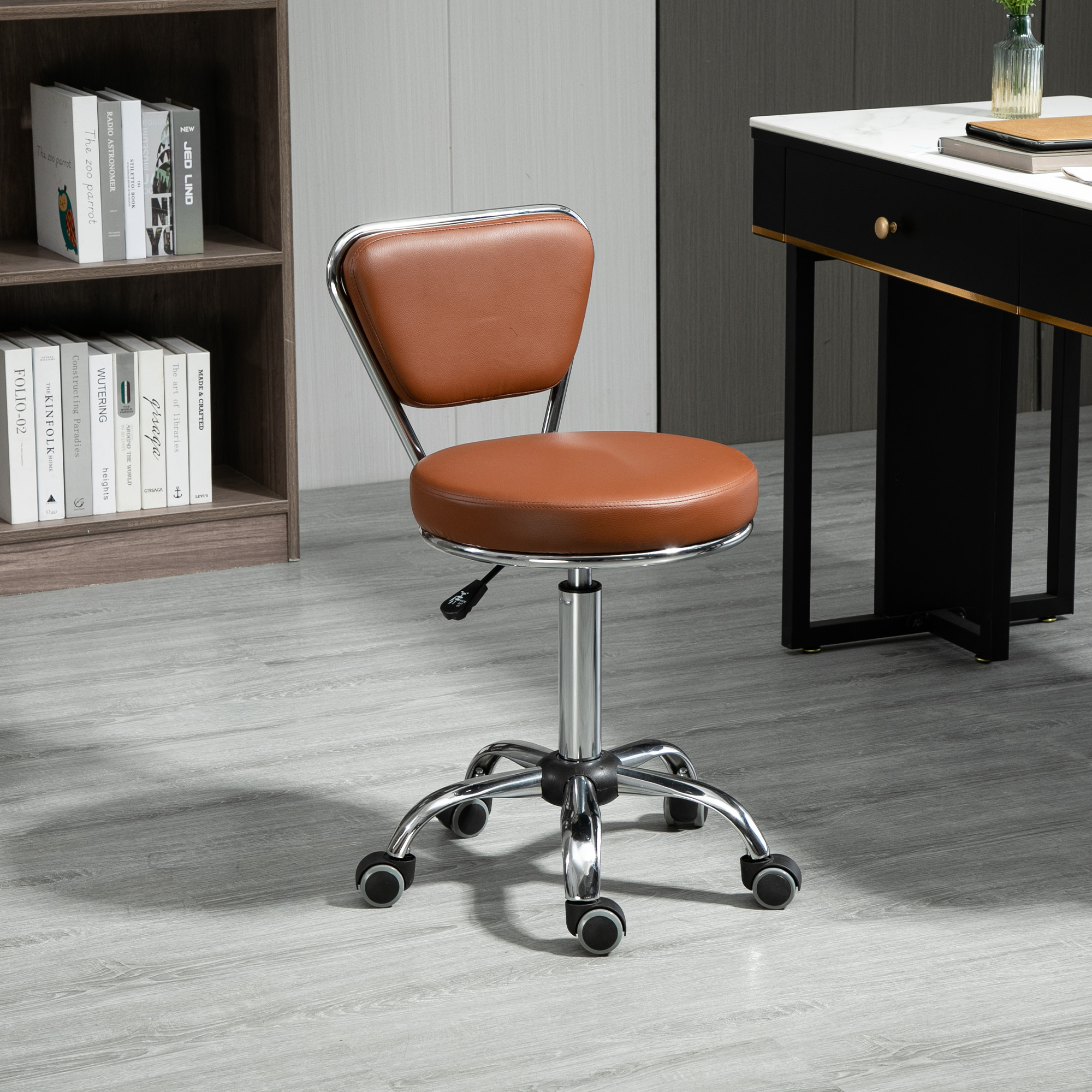 HOMCOM Vintage Massagehocker - drehbarer Arbeitsstuhl 360° - Höhenverstellbarer Sitz 49-64 cm - braunes Kunstleder verchromtes Metall