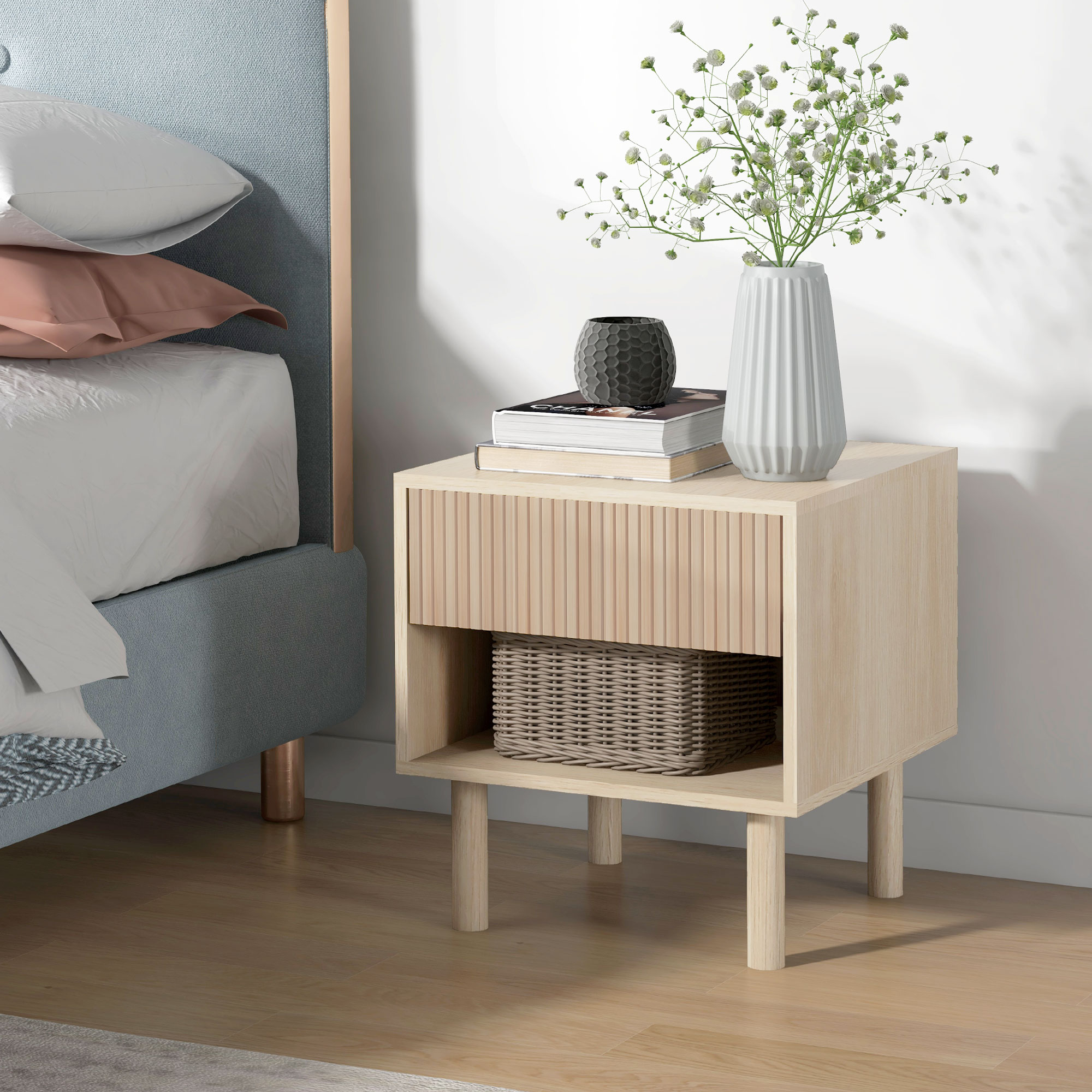 HOMCOM Nachttisch Nachtschrank mit Schublade und Fach Skandinavischer Stil 47 x 47 x 50 cm Naturholz