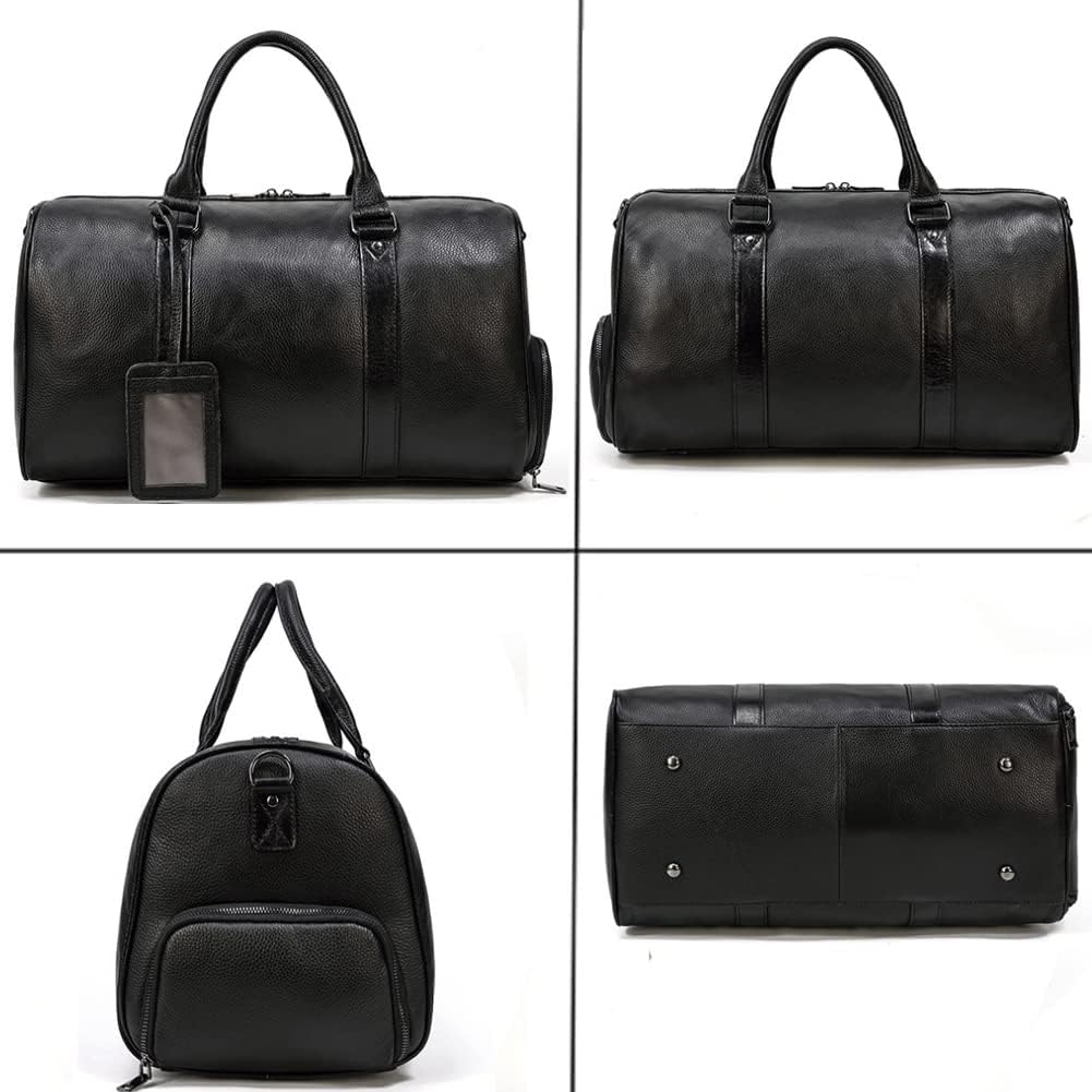 Herren-Reisetasche, Herren-Reisetasche aus echtem Leder, Retro-Handtasche, große Kapazität, Sporttasche, Platz-Gepäcktasche, mit Schuhposition 18 Zoll, Schwarz, Einheitsgröße