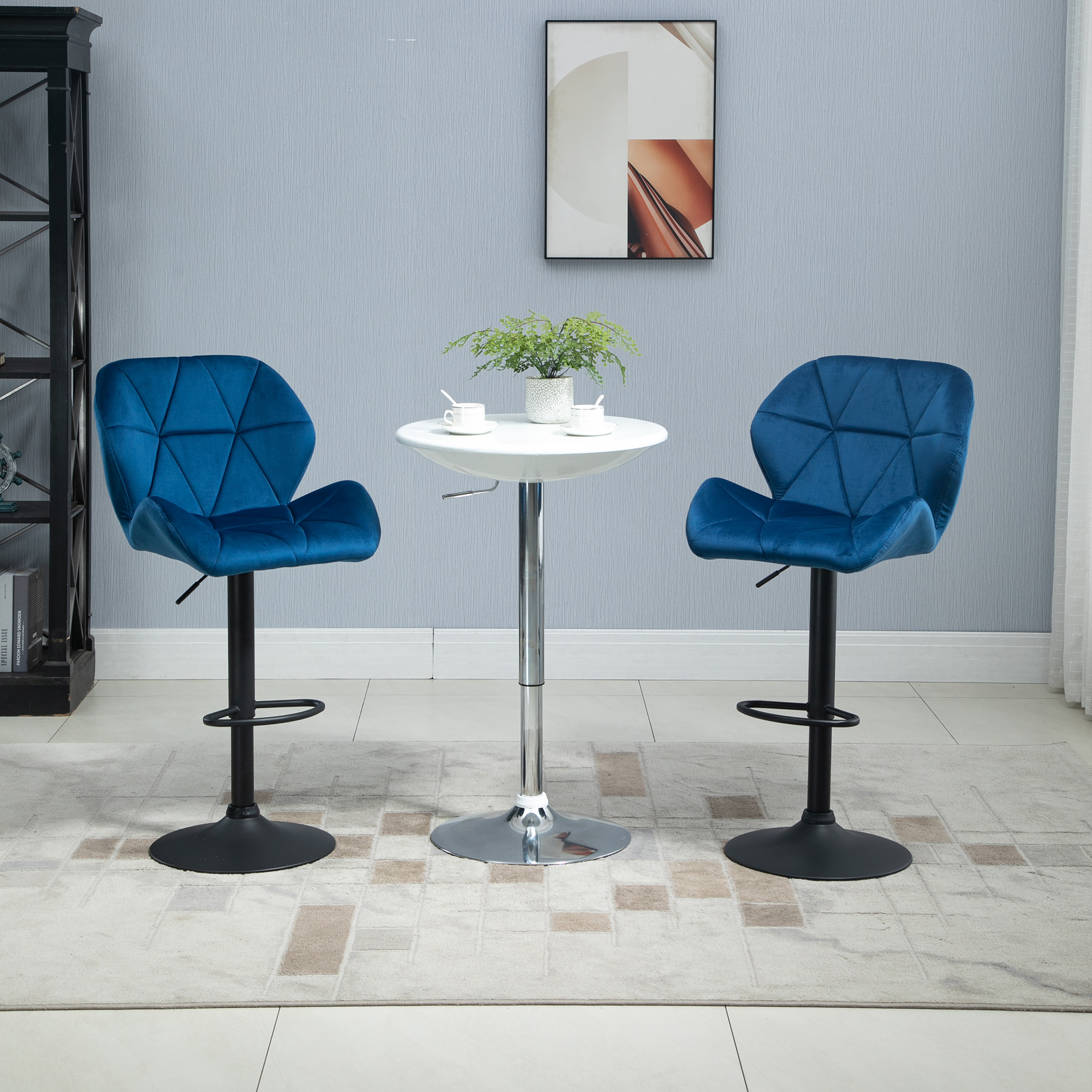 HOMCOM Set 2 Barhocker mit Höhenverstellbarer Drehfunktion, Samtbezug und Runder Basis, 51,5x57,5x93-114,5cm, Blau