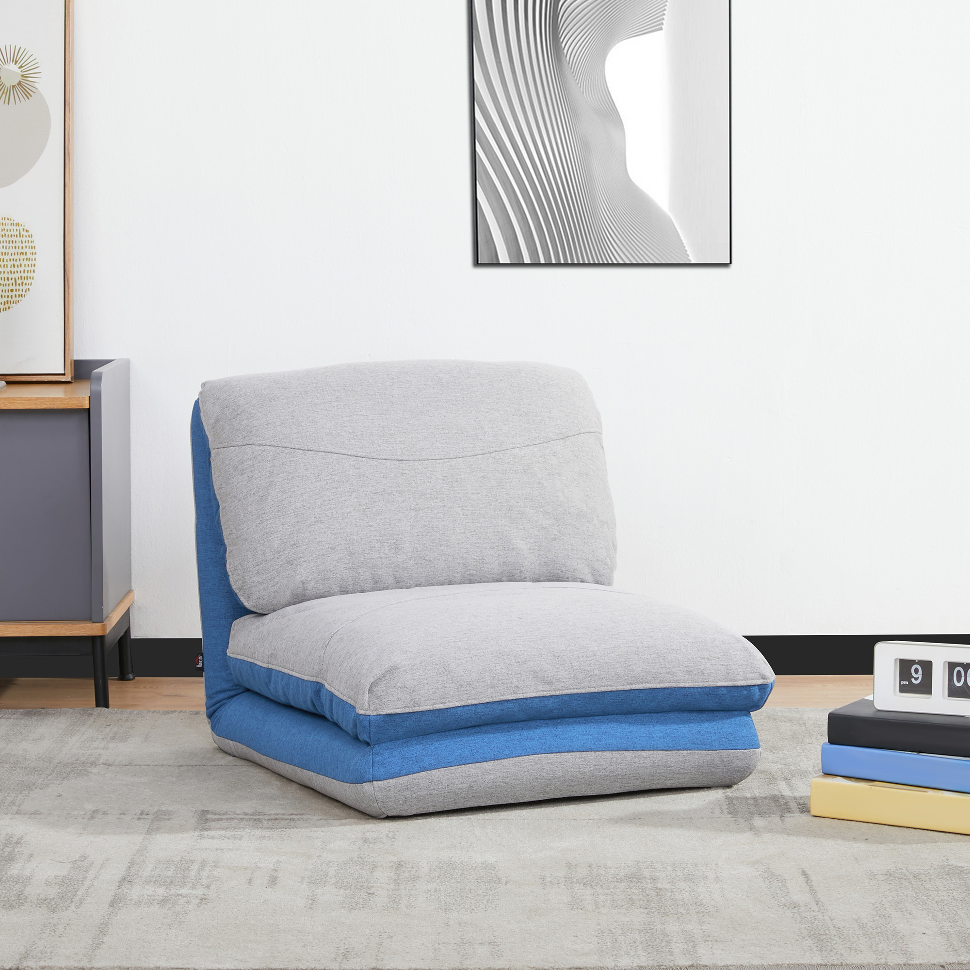 HOMCOM Bodenstuhl - Klappbare Gästematratze - Umwandelbarer Stuhl - Verstellbare Rückenlehne in 5 Positionen - Polyester-Leinenoptik Hellgrau Blau