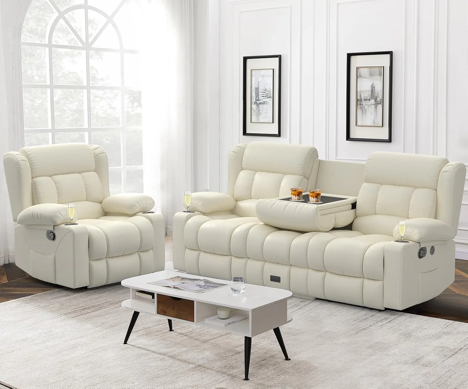 3 Seat Reclining Sofa with Storage Drawer USB Ports & Cup Holders Manual Couch