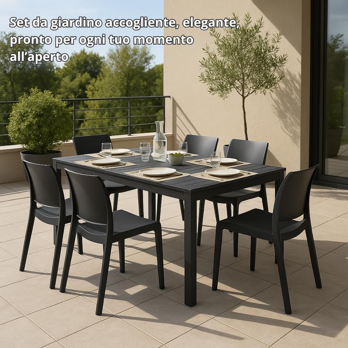 Tomaino - Garden Table with Chairs for Outdoors - Lion King Set consisting of King Table with 6 Volga Stackable Chairs - Balcony, Porch (White)