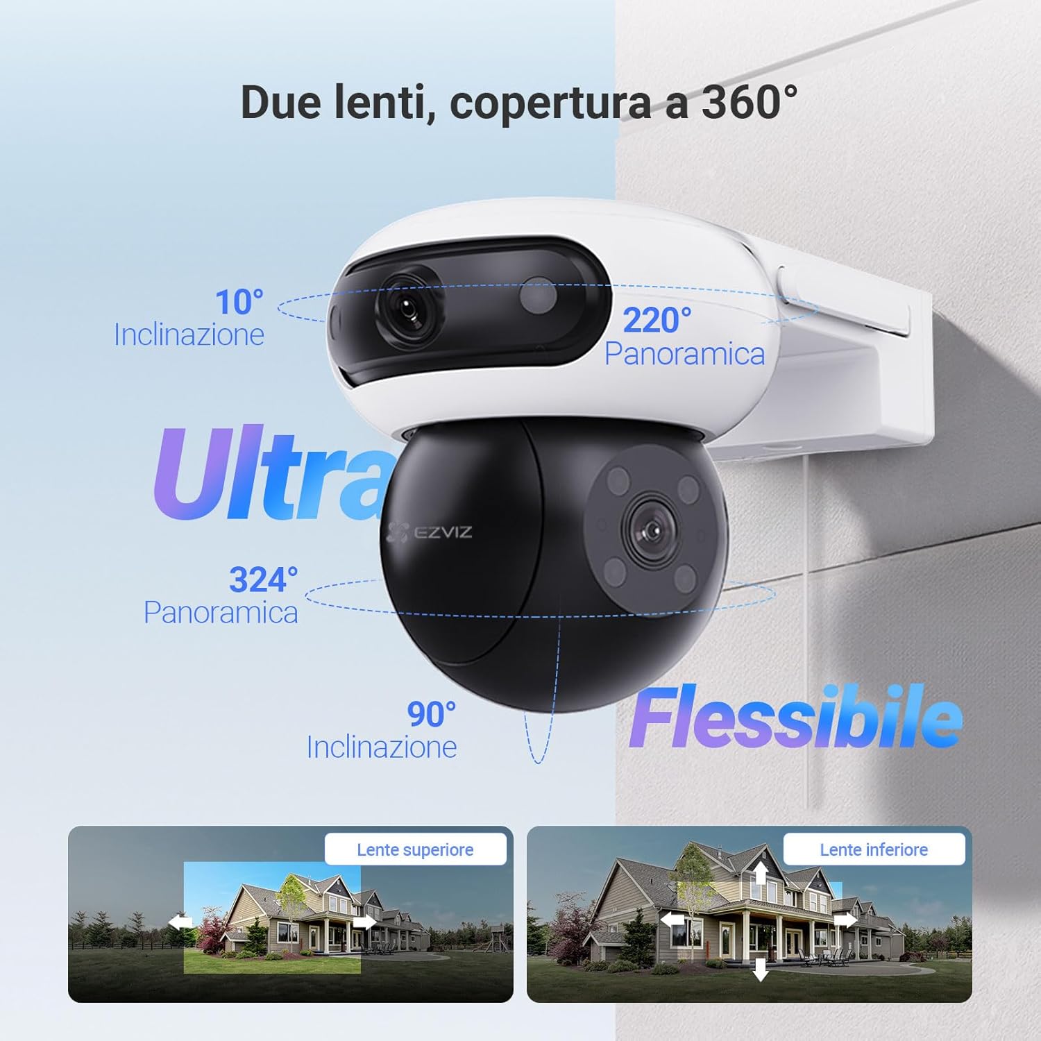 EZVIZ 8MP (4MP+4MP) Telecamera WiFi Esterno Batteria con Doppia Lente, Telecamera Solare per Esterni Senza Fili, Modalità AOV, Rilevamento di Persone/Veicoli, CB90 Dual+8W Pannello Solare