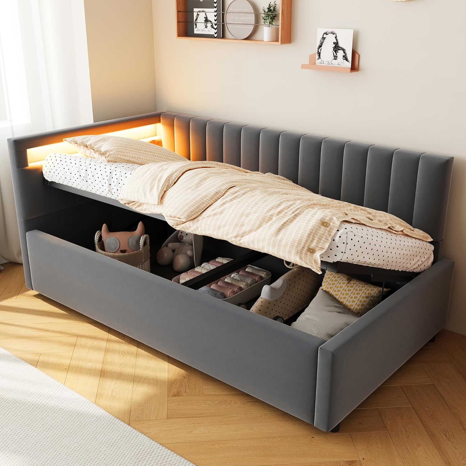 Divano Letto Imbottito 90x200, Letto Singolo con illuminazione a LED e Contenitore Idraulico, Testiere Laterali con Posizioni Intercambiabili, Rete a doghe, Tessuto in velluto, Grigio