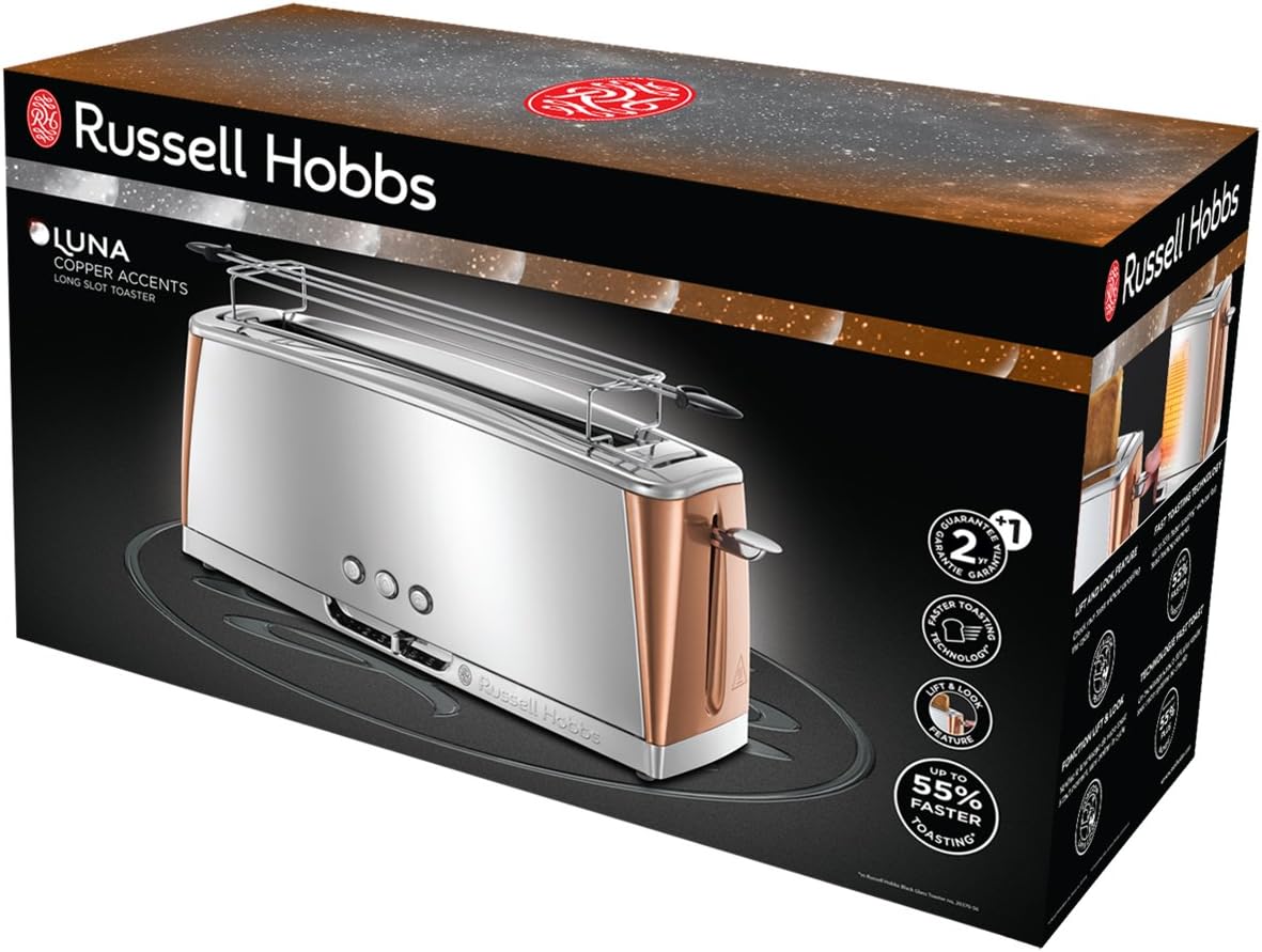 Russell Hobbs Toaster [für 2 Scheiben] Luna Edelstahl Kupfer (extra breite Toastschlitze, inkl. Brtchenaufsatz, 6 Brunungsstufen + Auftau- & Aufwrmfunktion, 1550W) 24290-56