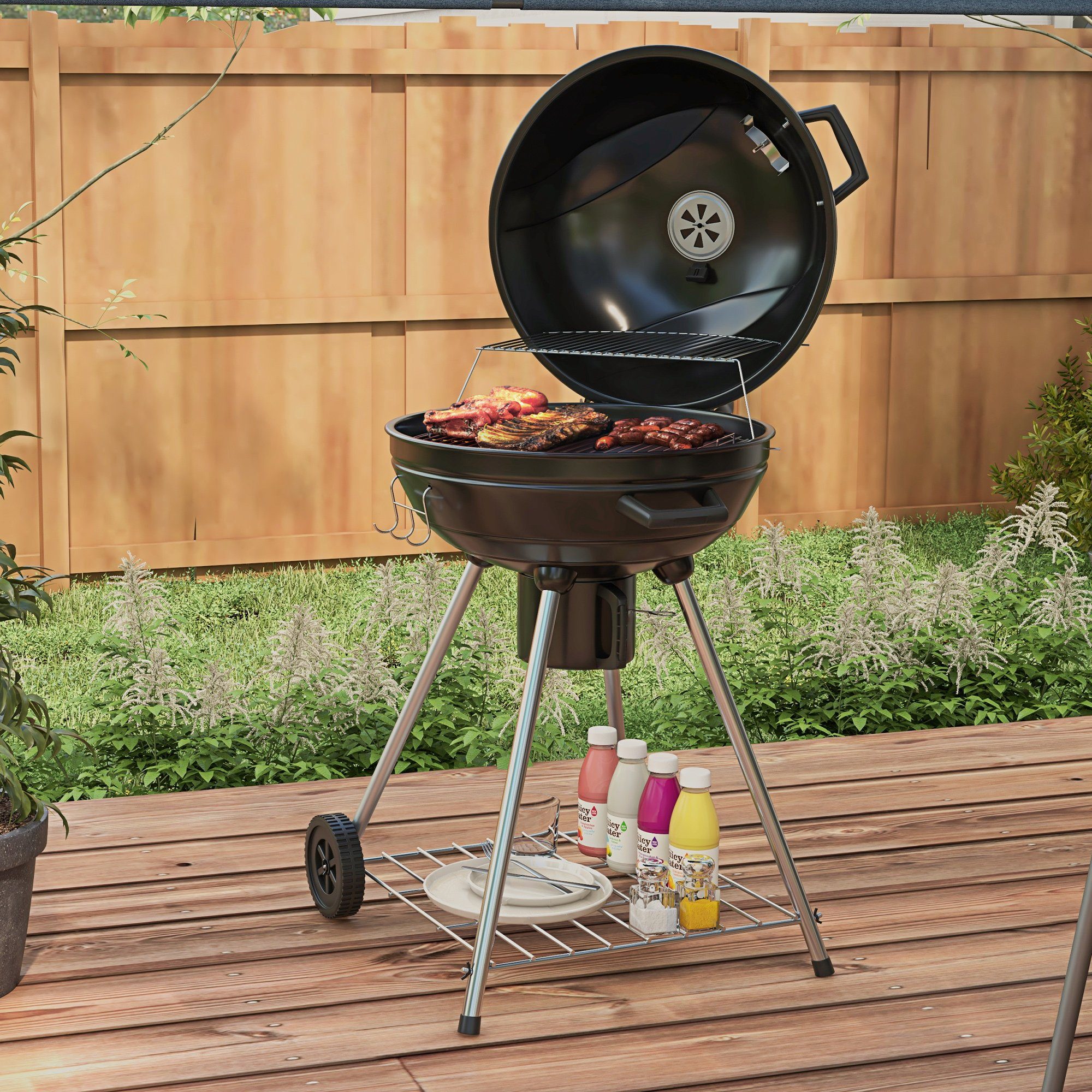 Holzkohlegrill Campinggrill mit Grillrost, Rädern, Ablage