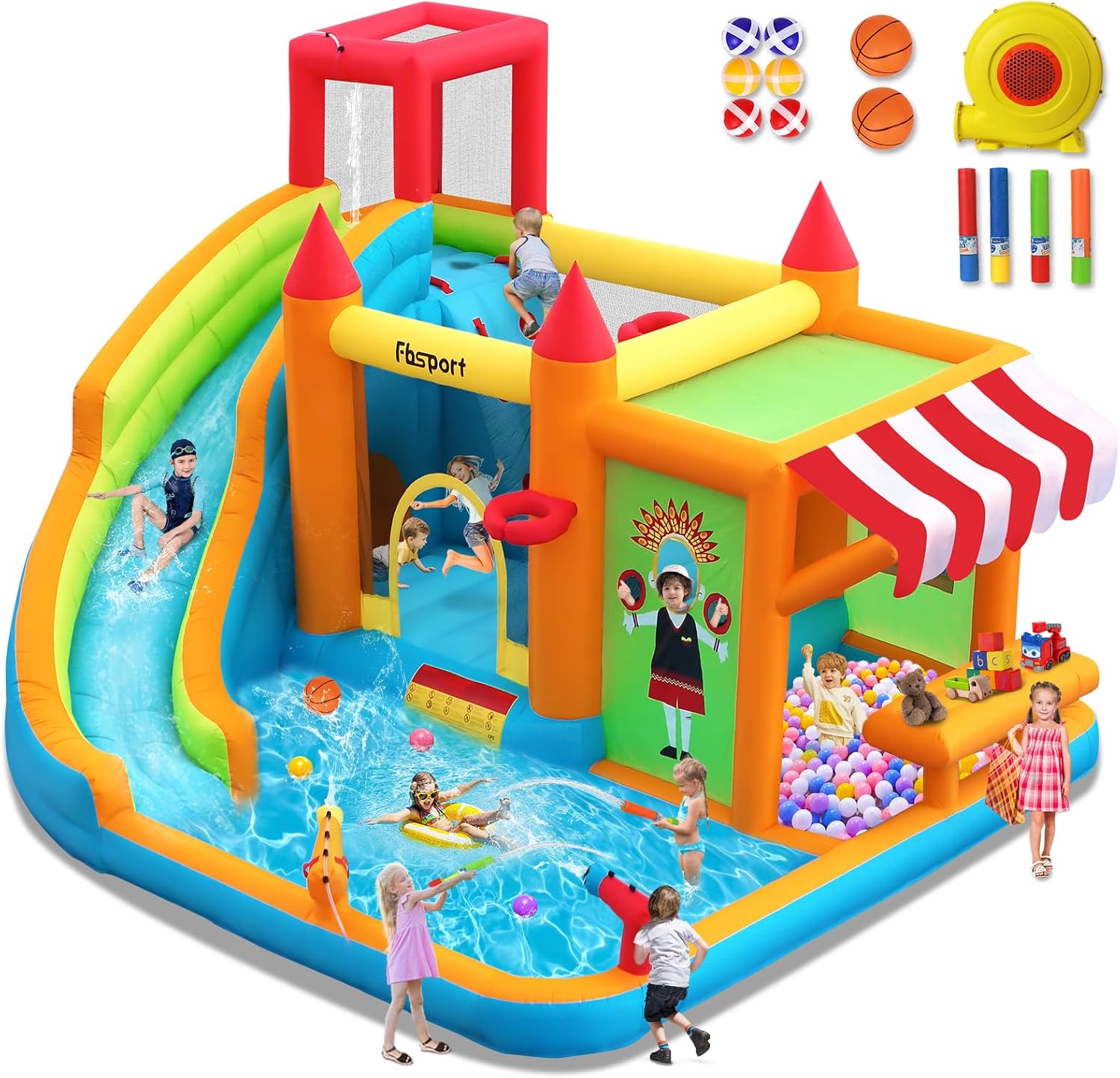 FBSPORT Castello Gonfiabile con Ventilatore con Scivolo Trampolino Piscina Parete da Arrampicata, Piscina di Palline oceaniche Parco Acquatico per Bambini 424 ×388 ×238 CM