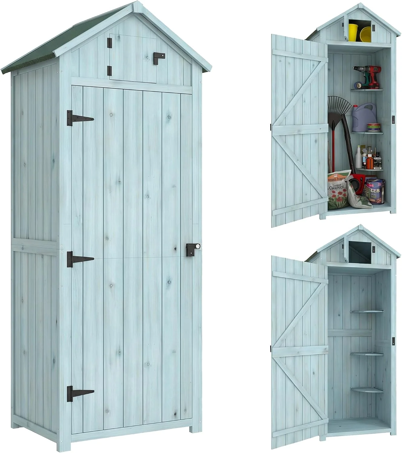 Gerätehaus Outsunny, 77x54,2x179 cm, Grün, Gartenschrank Holz, Geräteschuppen wetterfest, mit Tür, Satteldach, Geräteschrank mit Böden