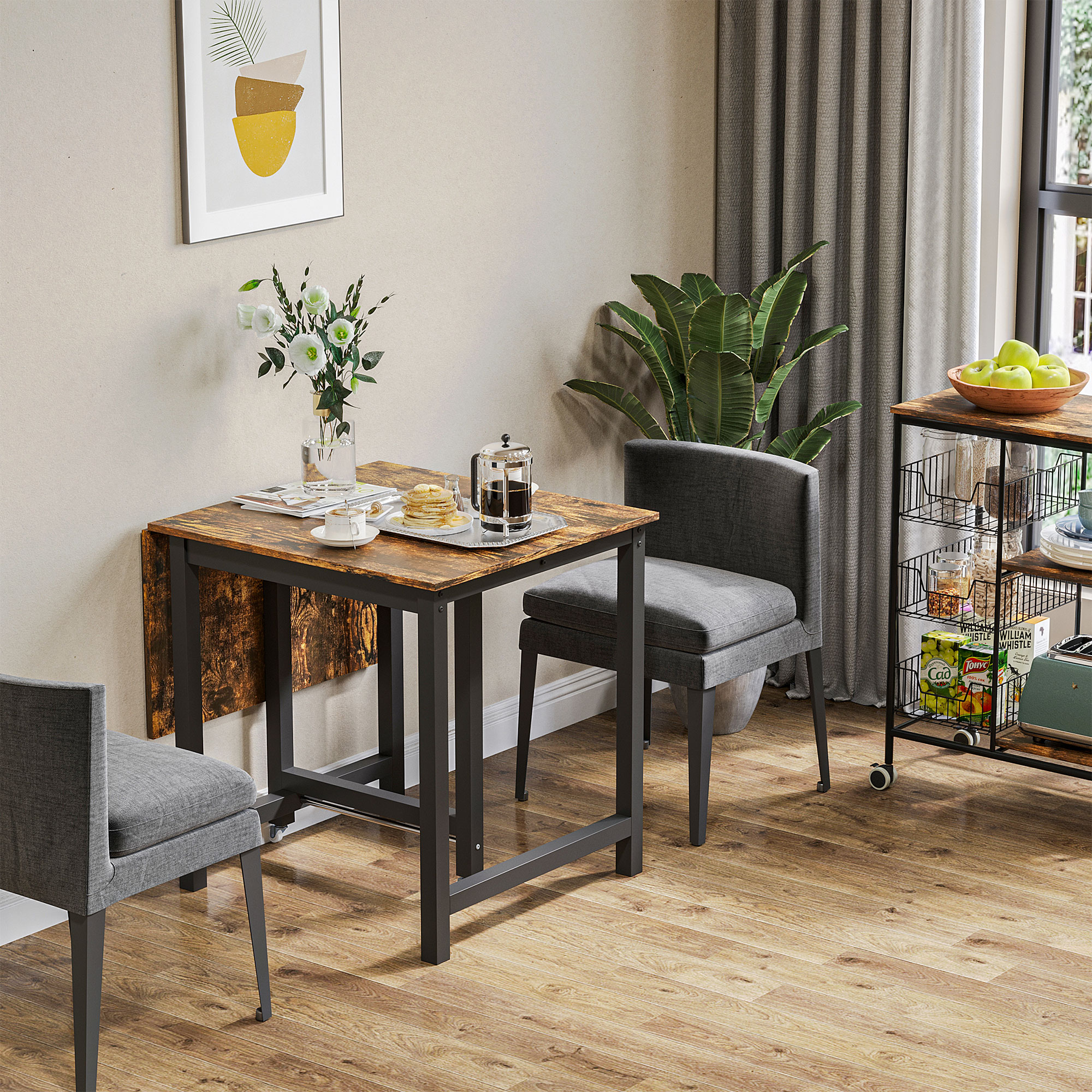 Opklapbare Eettafel, Industri?le Tafel, Opklapbaar, van Metaal en Hout, Ruimtebesparend, Bruin