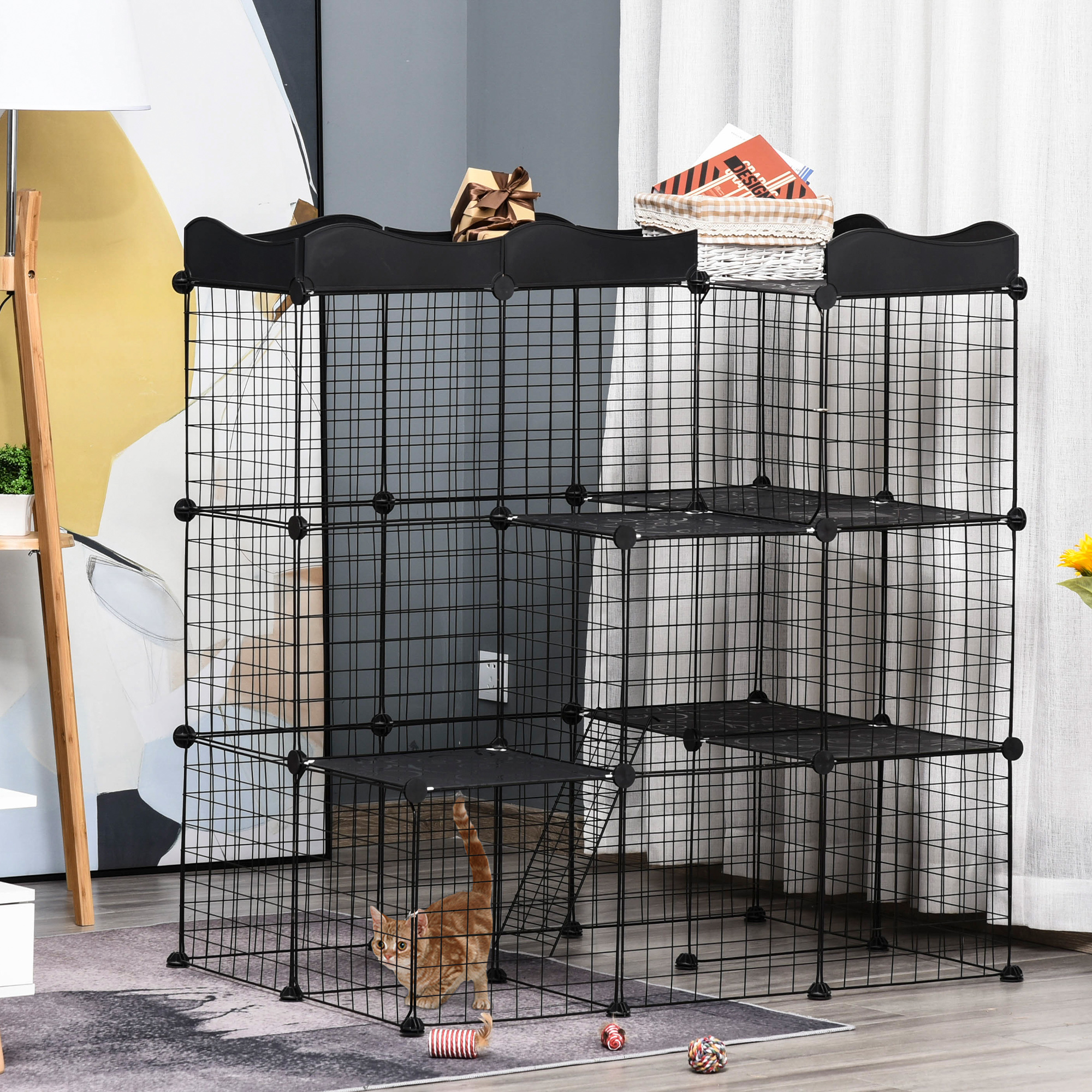 PawHut Käfig Tierpark Gehege für kleine Haustiere Katz Kaninchen modular 3 Ebenen 2 Türen Rampe Drahtgitter 105 x 70 x 116 cm schwarz