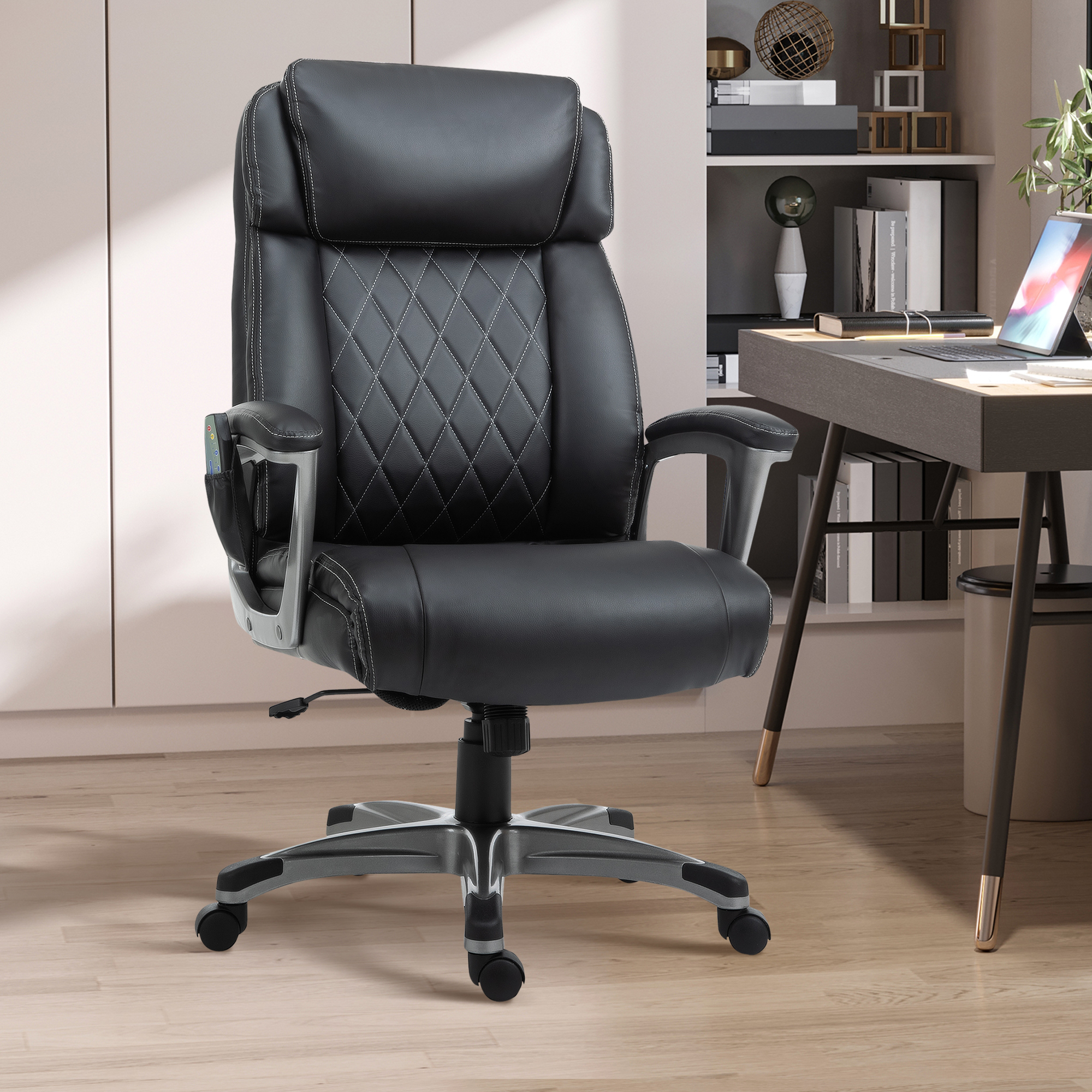 Vinsetto Massage-Bürostuhl 6-Punkt-Massage-Drehstuhl ergonomischer Stuhl Einstellbare aus Kunstleder mit gewölbter Kopfstütze und Armlehne Schwarz 70 x 76,5 x 114-124 cm