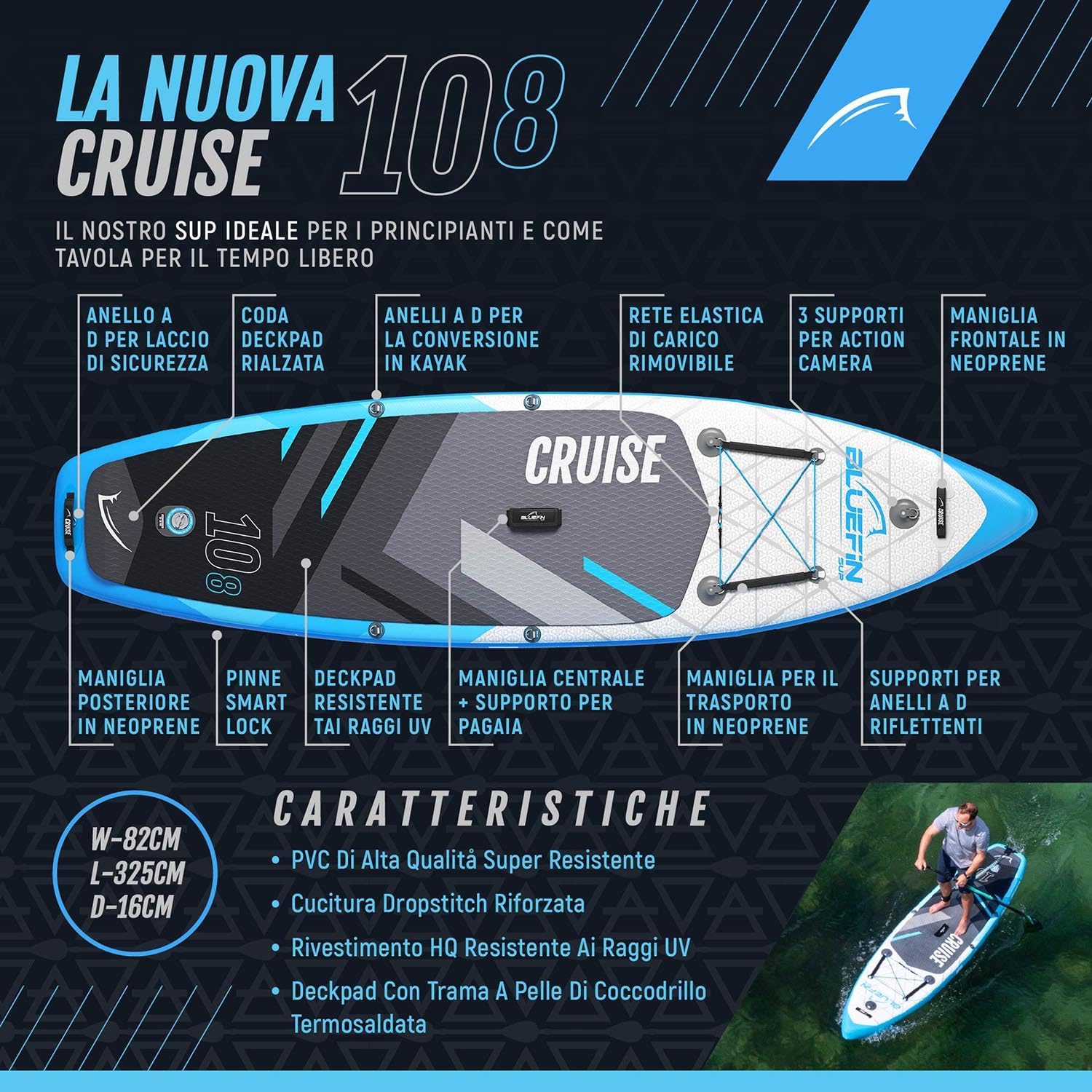 Tavola da paddle gonfiabile Bluefin Cruise 10'8 | SUP per adulti | SUP Bluefin Cruise | Pacchetto facile da trasportare per i viaggi | Accessori inclusi