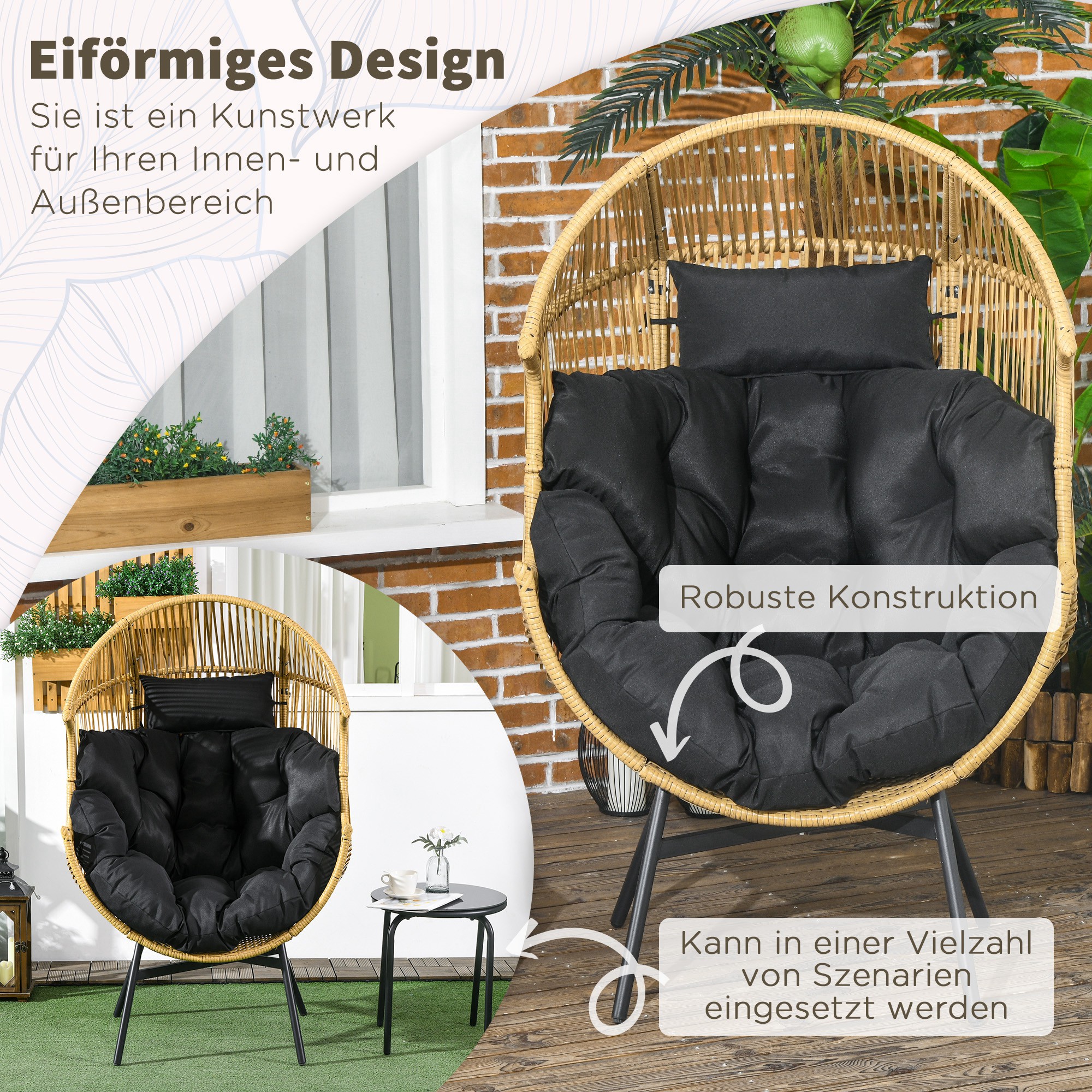 Rotan Stoel Buitenshuis Tuinstoel, PE-Rotan, 89 cm x 75 cm x 143 cm, Natuur + Zwart